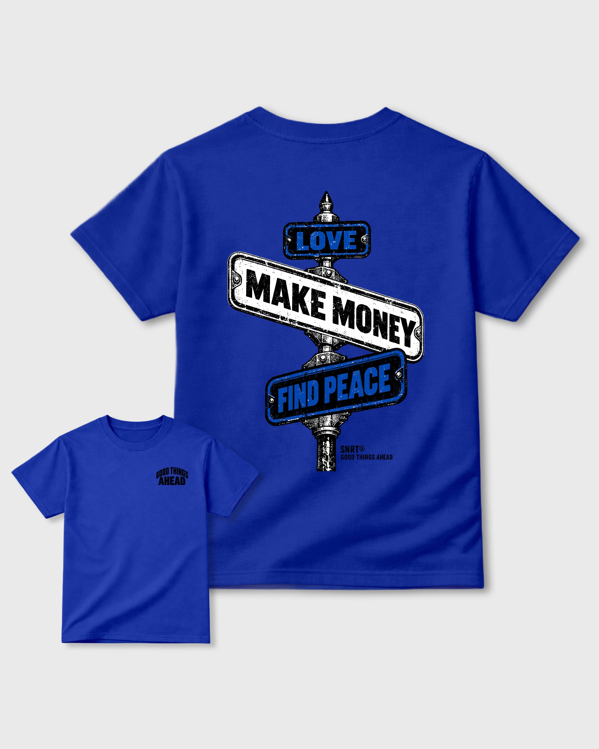 Good Things Ahead Royal Blue Front & Back Graphic T-Shirt - 2, sneaker tee made to match Air Jordan 1 High OG Royal sneakers with original graphic artwork for a coordinated sneaker outfit.