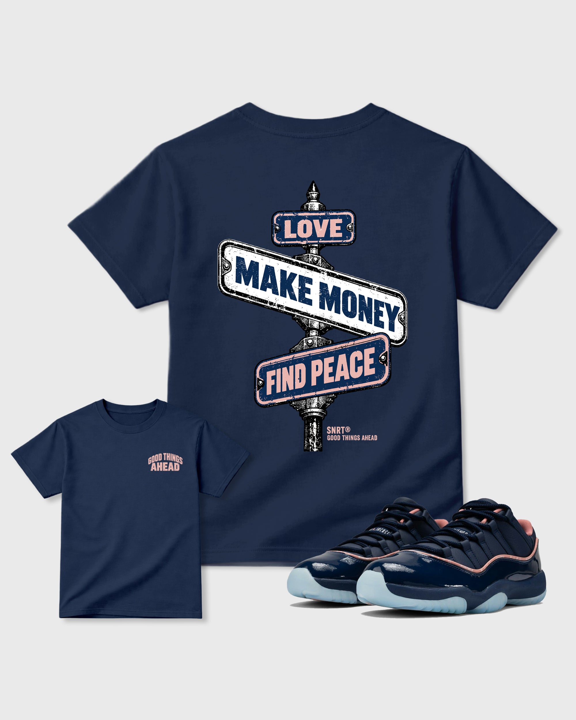 Good Things Ahead Navy Graphic T-Shirt - 1, sneaker matching tee designed to match APB X Air Jordan 11 Low "Made For Locals" sneakers for a coordinated sneaker outfit.