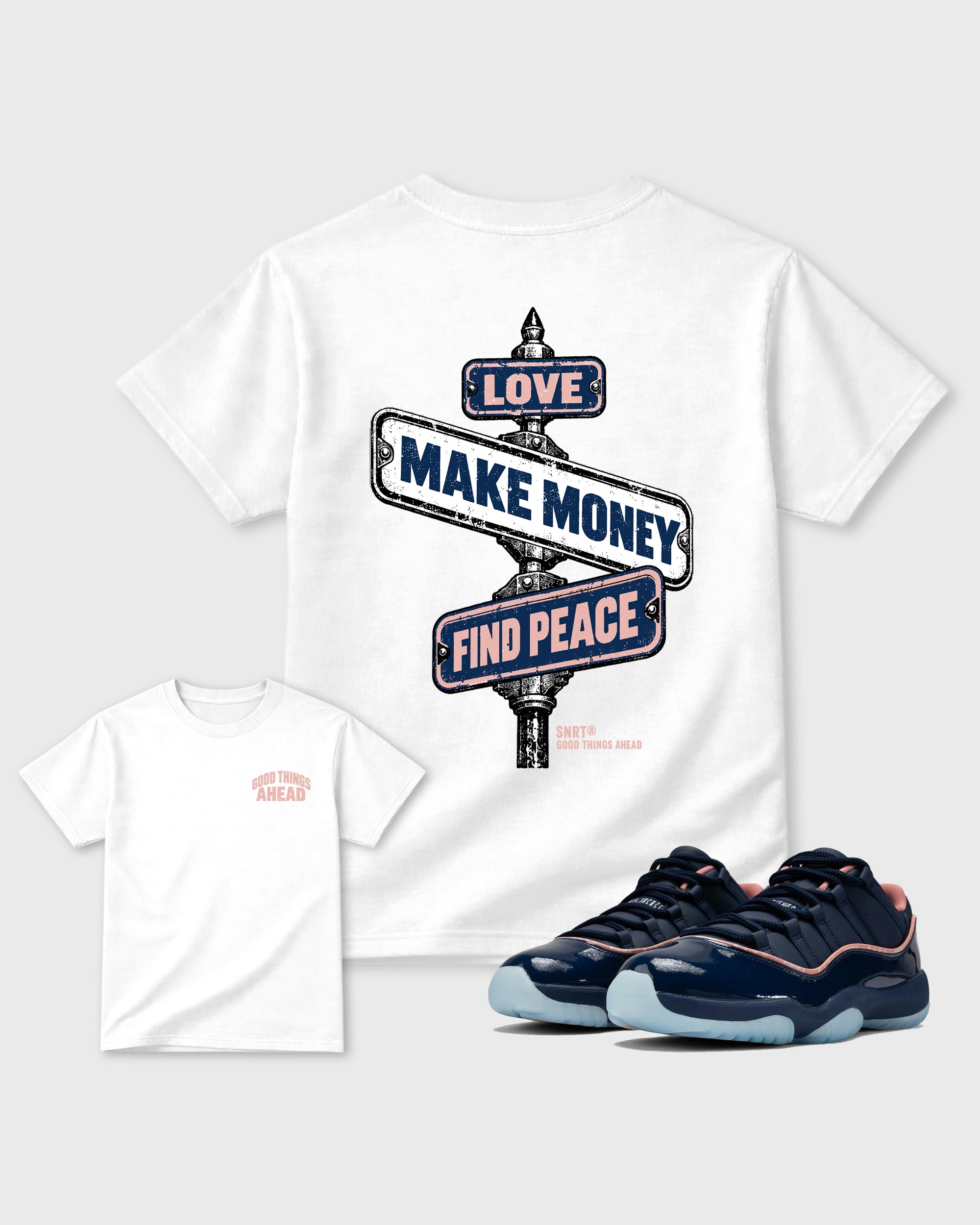 Good Things Ahead White Graphic T-Shirt - 3, sneaker matching shirt designed to pair with APB X Air Jordan 11 Low "Made For Locals" sneakers for a coordinated streetwear outfit.