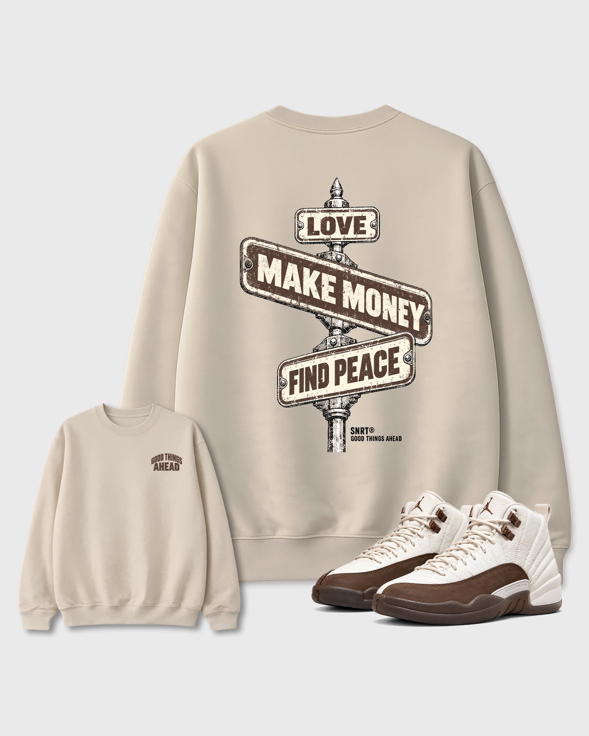 Good Things Ahead Natural Graphic Sweatshirt - 1, a sneaker matching sweatshirt designed to coordinate with Air Jordan 12 Fireside sneakers for a complete sneaker outfit.