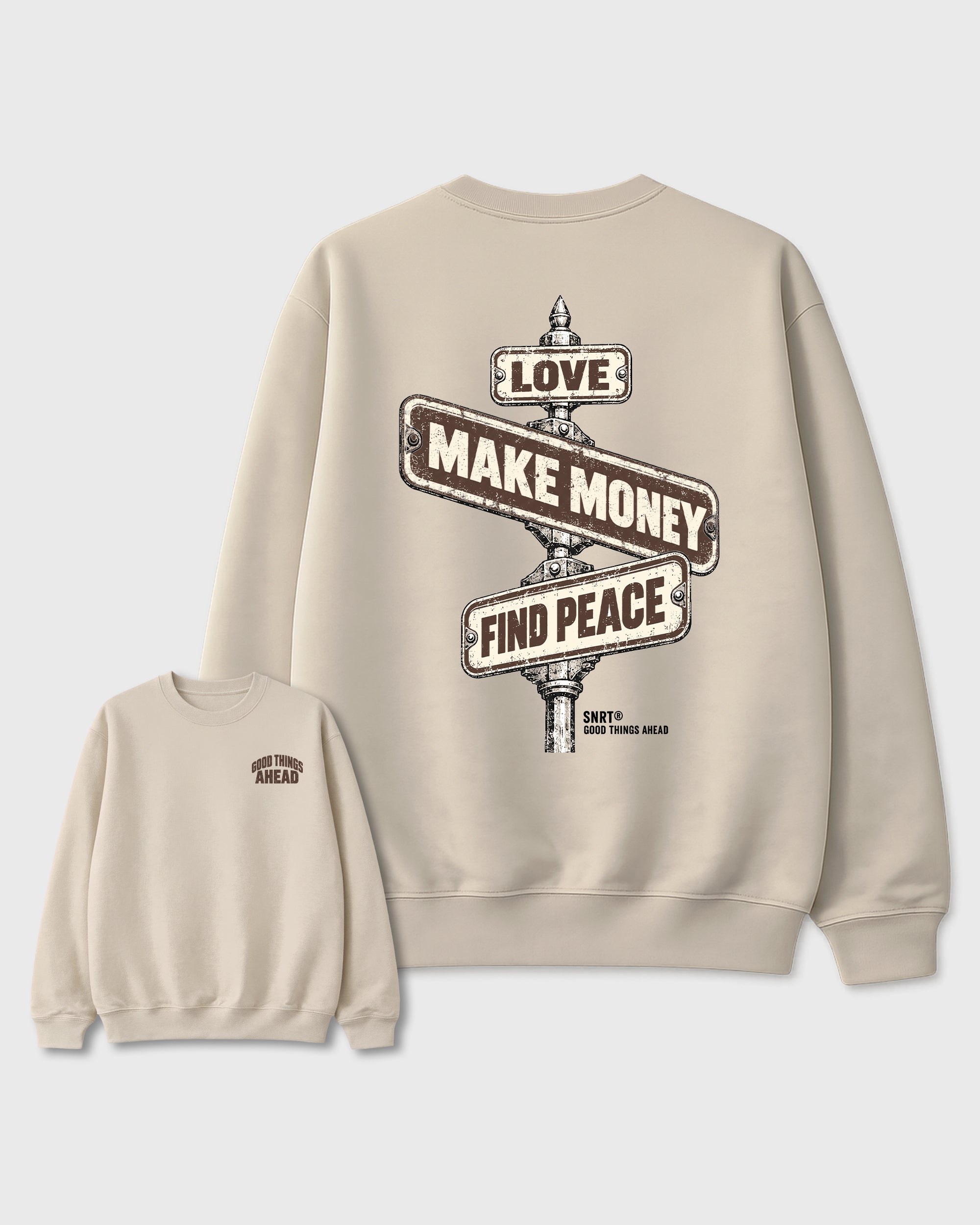 Good Things Ahead Natural Graphic Sweatshirt - 1, a sneaker matching sweatshirt designed to coordinate with Air Jordan 12 Fireside sneakers for a complete sneaker outfit.