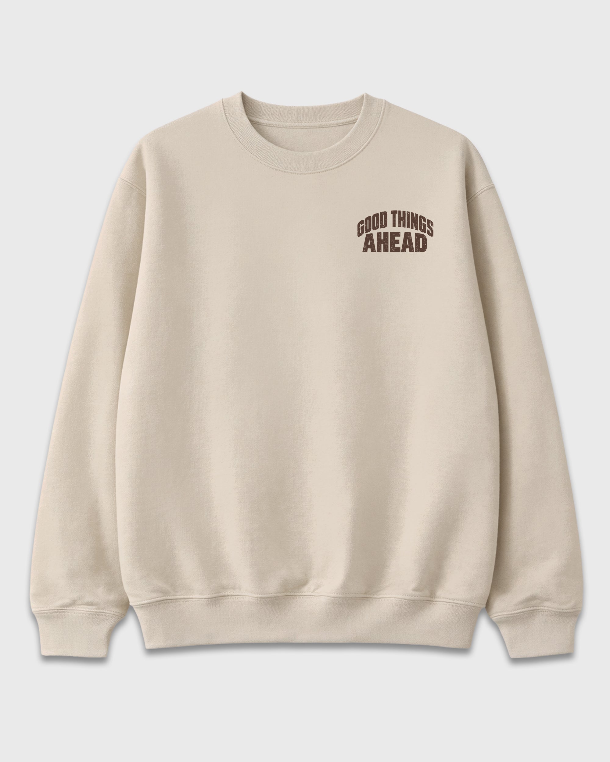 Good Things Ahead Natural Graphic Sweatshirt - 2, featuring original SNRT artwork created to pair with Air Jordan 12 Fireside sneakers and everyday streetwear styling.