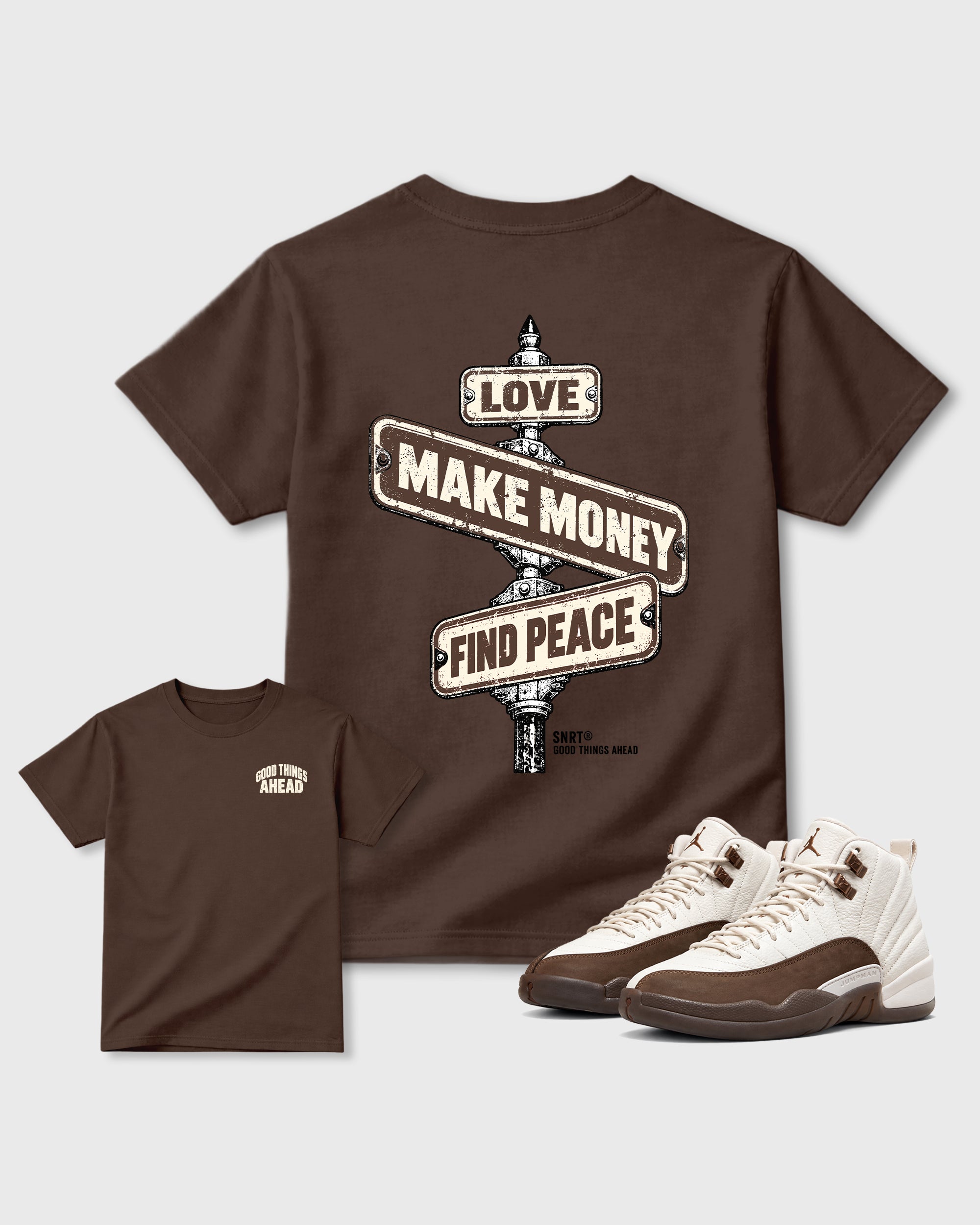 Good Things Ahead Dark Chocolate Front & Back Graphic T-Shirt - 1, sneaker matching tee designed to match Air Jordan 12 Fireside sneakers for a coordinated sneaker outfit.