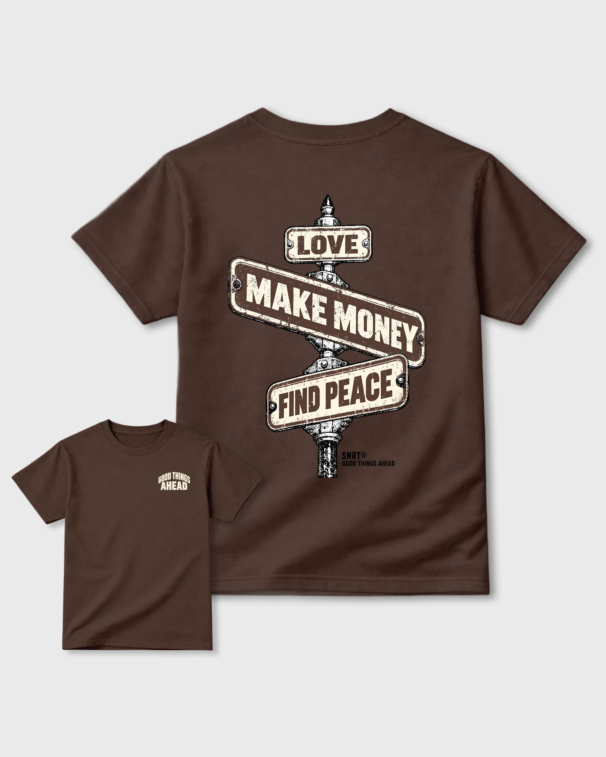 Good Things Ahead Dark Chocolate Front & Back Graphic T-Shirt - 3, sneaker matching shirt designed to pair with Air Jordan 12 Fireside sneakers for a coordinated streetwear outfit.