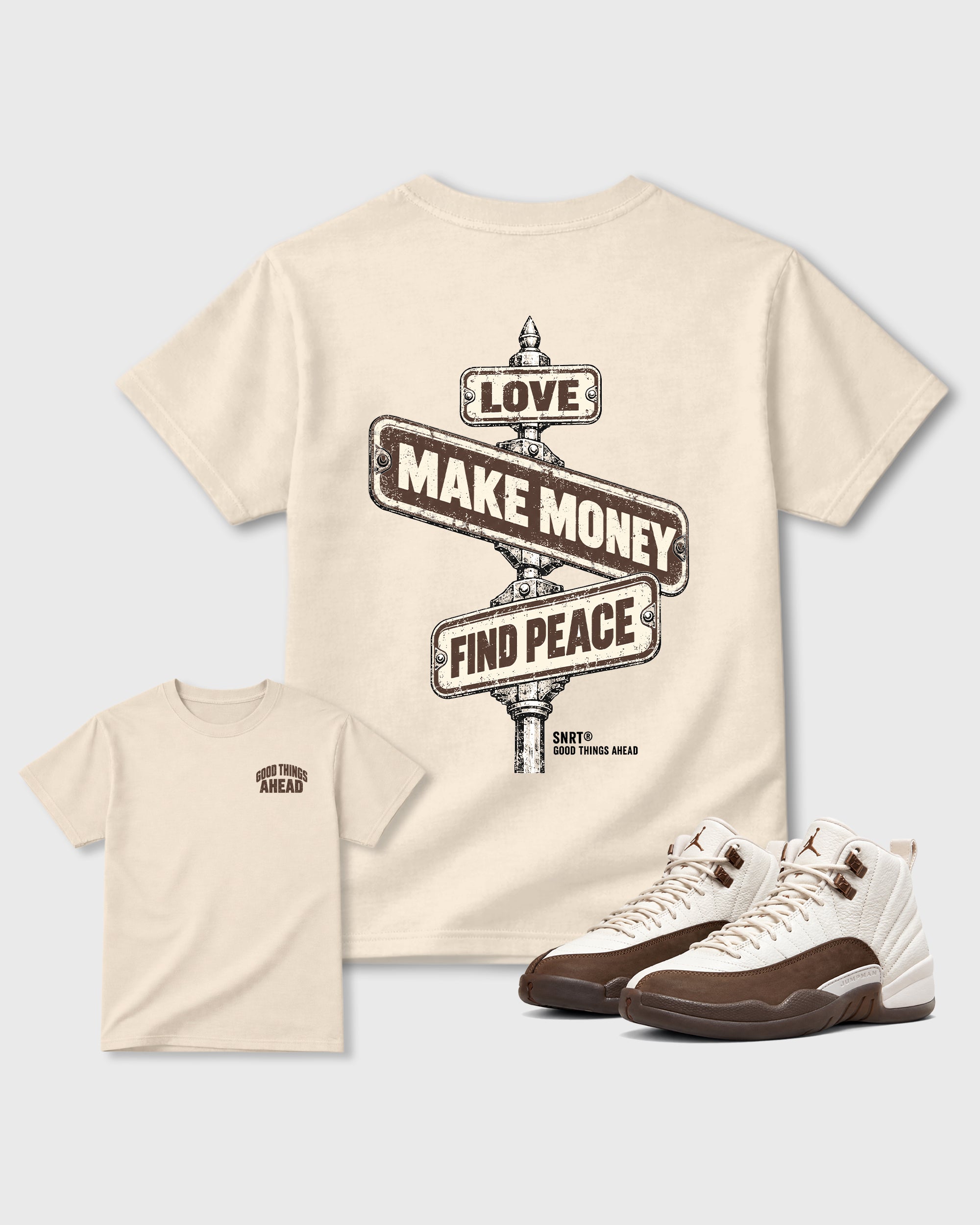 Good Things Ahead Natural Front & Back Graphic T-Shirt - 1, sneaker matching tee designed to match Air Jordan 12 Fireside sneakers for a coordinated sneaker outfit.