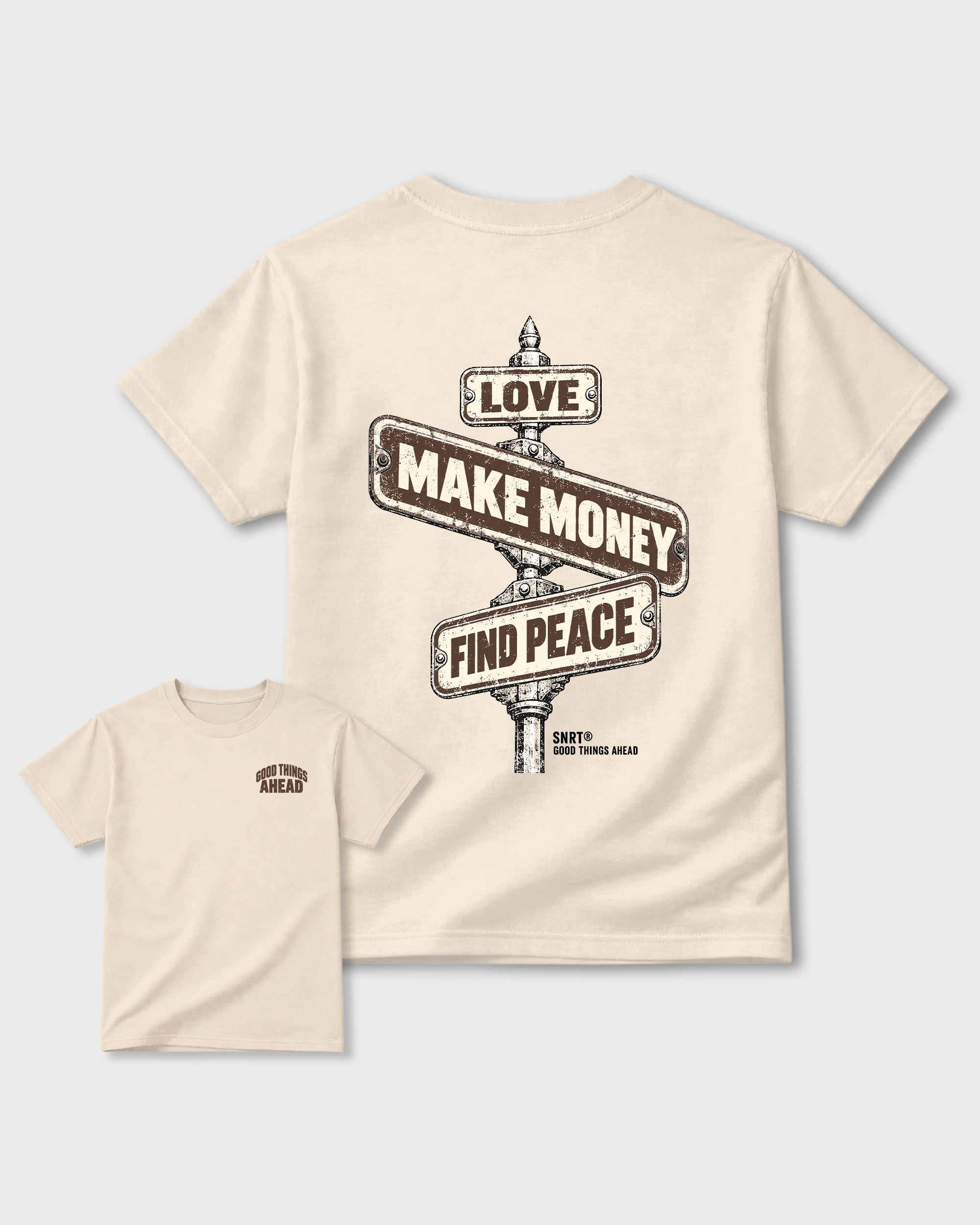 Good Things Ahead Natural Front & Back Graphic T-Shirt - 2, sneaker tee made to match Air Jordan 12 Fireside sneakers with original graphic artwork for a coordinated sneaker outfit.