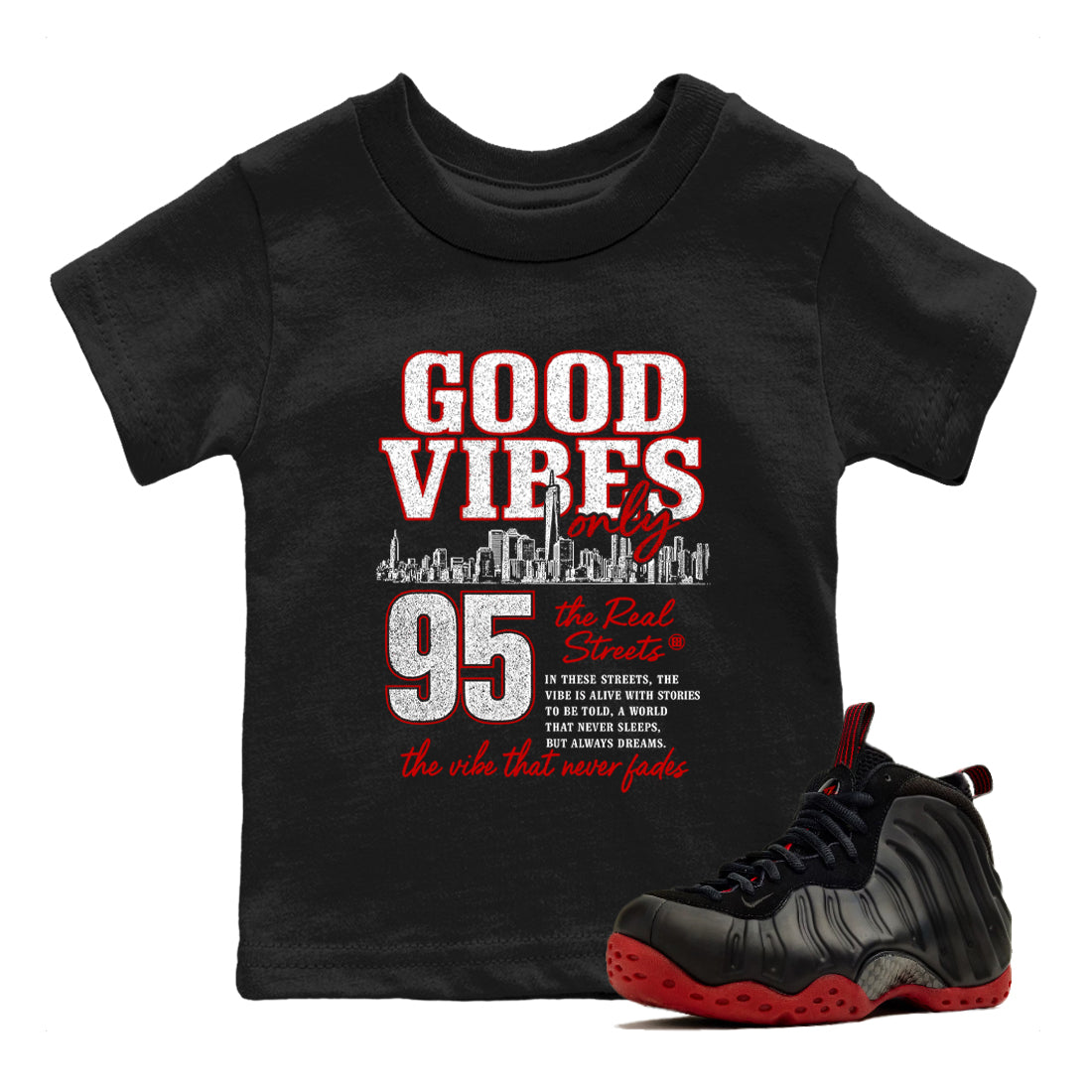 Sneaker match tees – Sneaker Tees To Match Air Foamposite Cough Drop Shoes – Good Vibes Only Kids T-Shirt Black 1