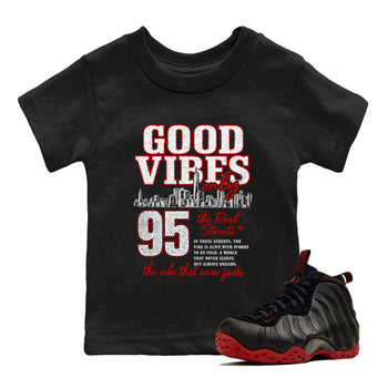 Sneaker match tees – Sneaker Tees To Match Air Foamposite Cough Drop Shoes – Good Vibes Only Kids T-Shirt Black 1