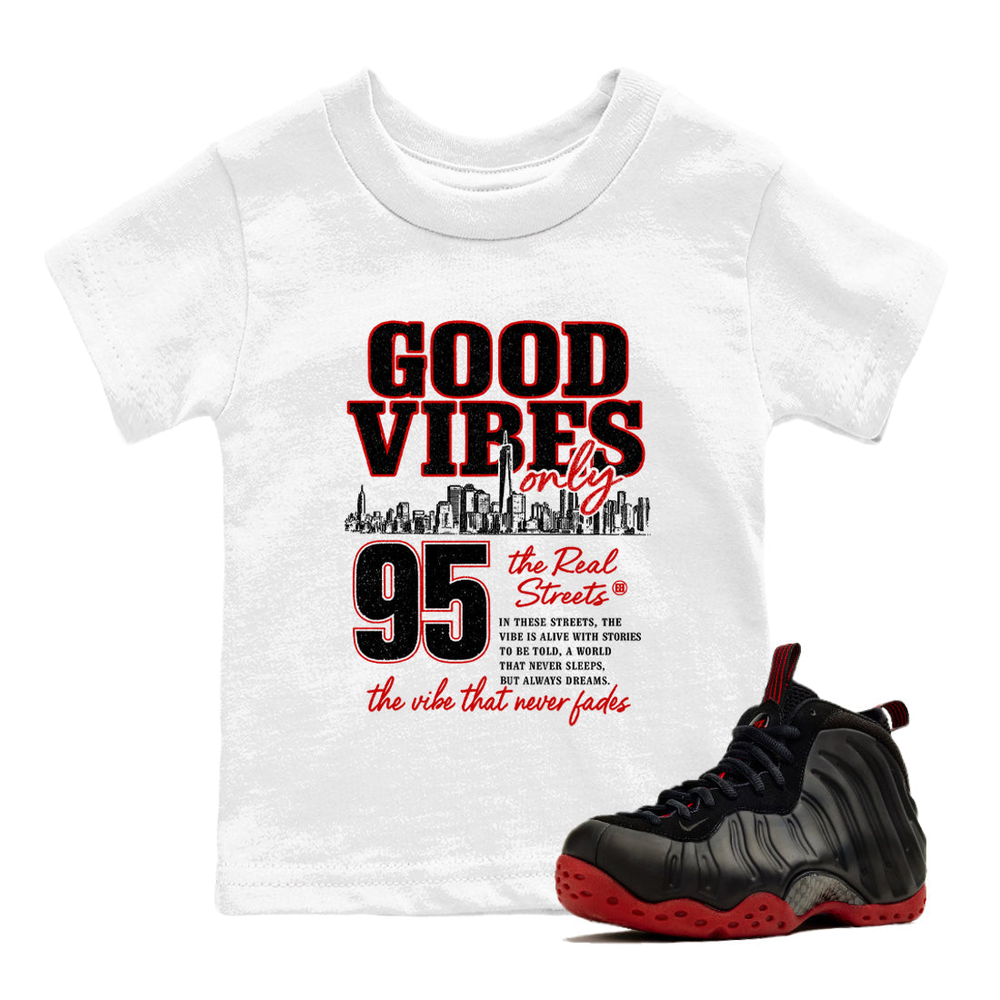 Sneaker match tees – Sneaker Tees To Match Air Foamposite Cough Drop Shoes – Good Vibes Only Kids T-Shirt White 1