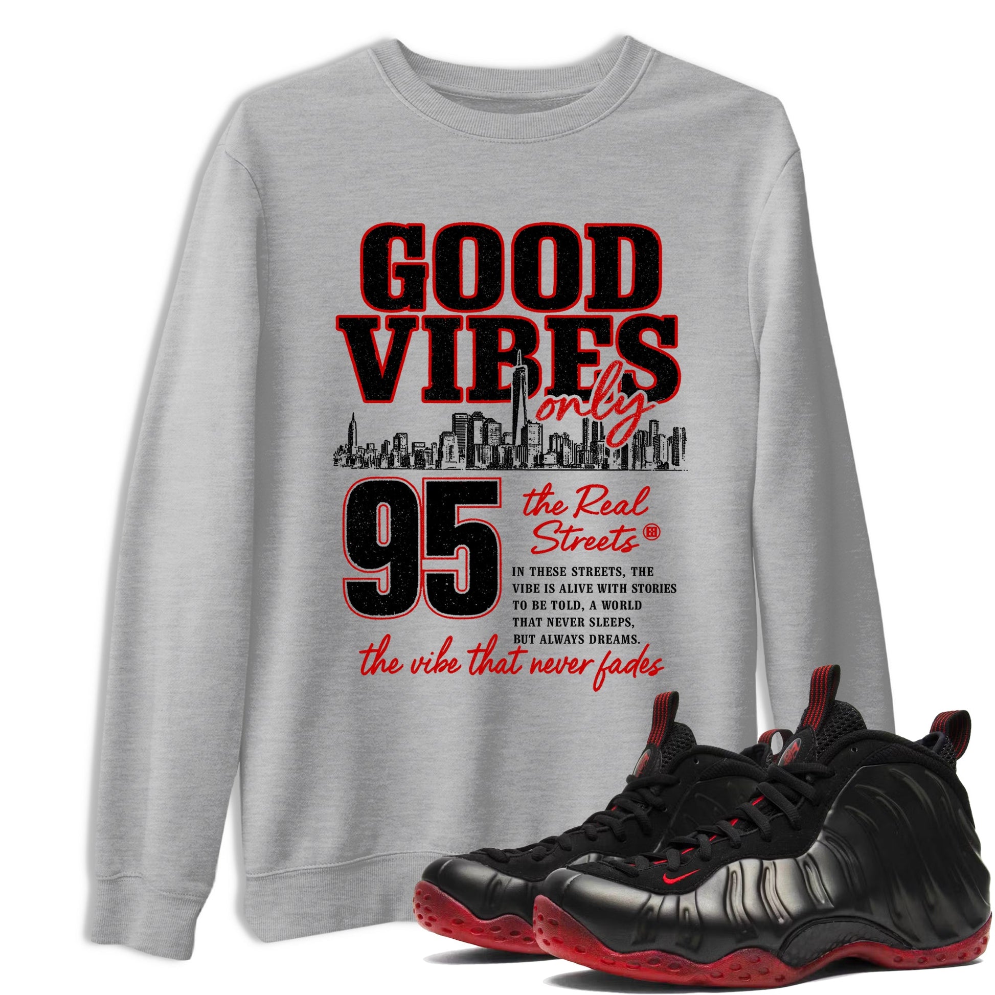 Sneaker match tees – Sneaker Tees To Match Air Foamposite Cough Drop Shoes – Good Vibes Only Tee Heather Grey 1