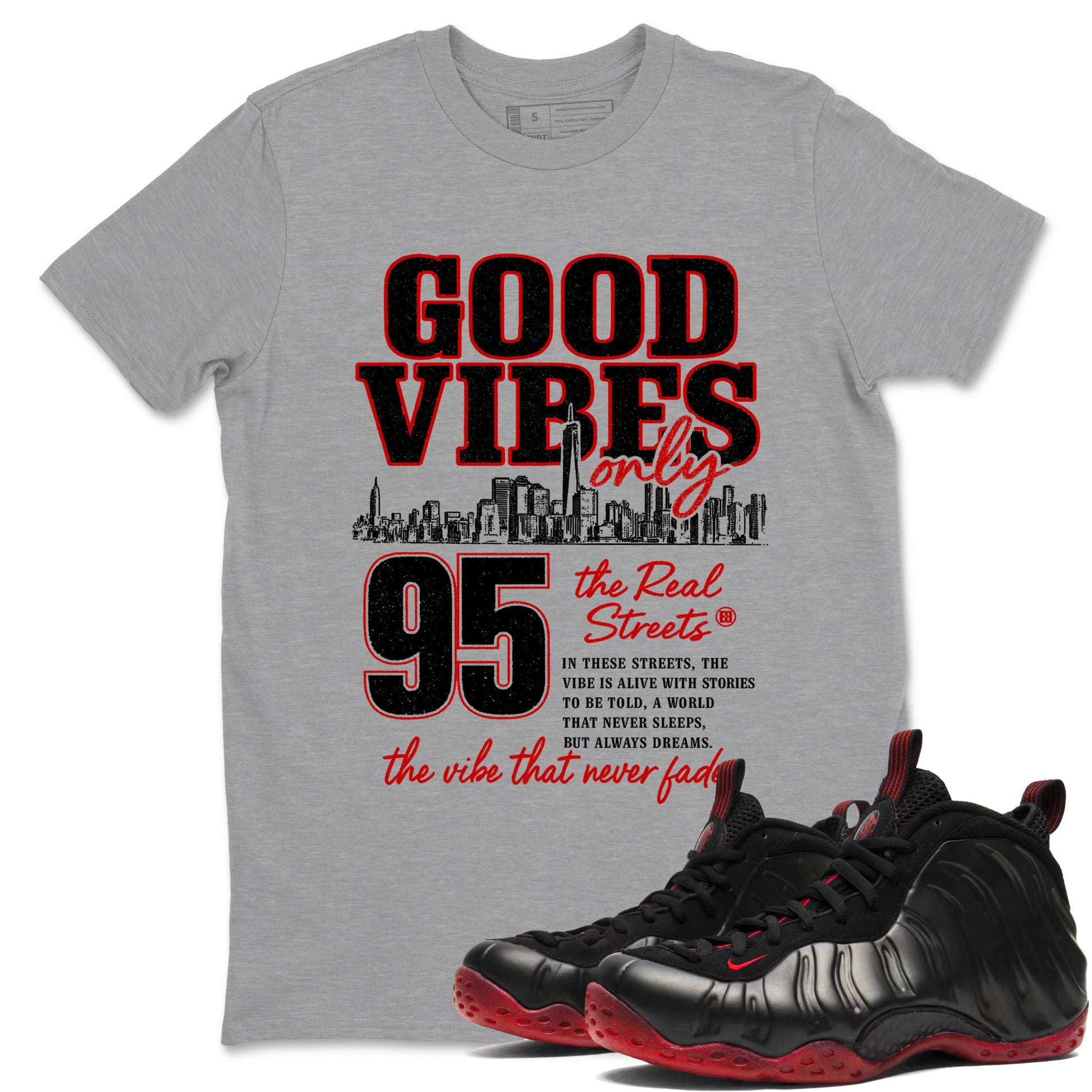 Sneaker match tees – Sneaker Tees To Match Air Foamposite Cough Drop Shoes – Good Vibes Only Tee Heather Grey 1