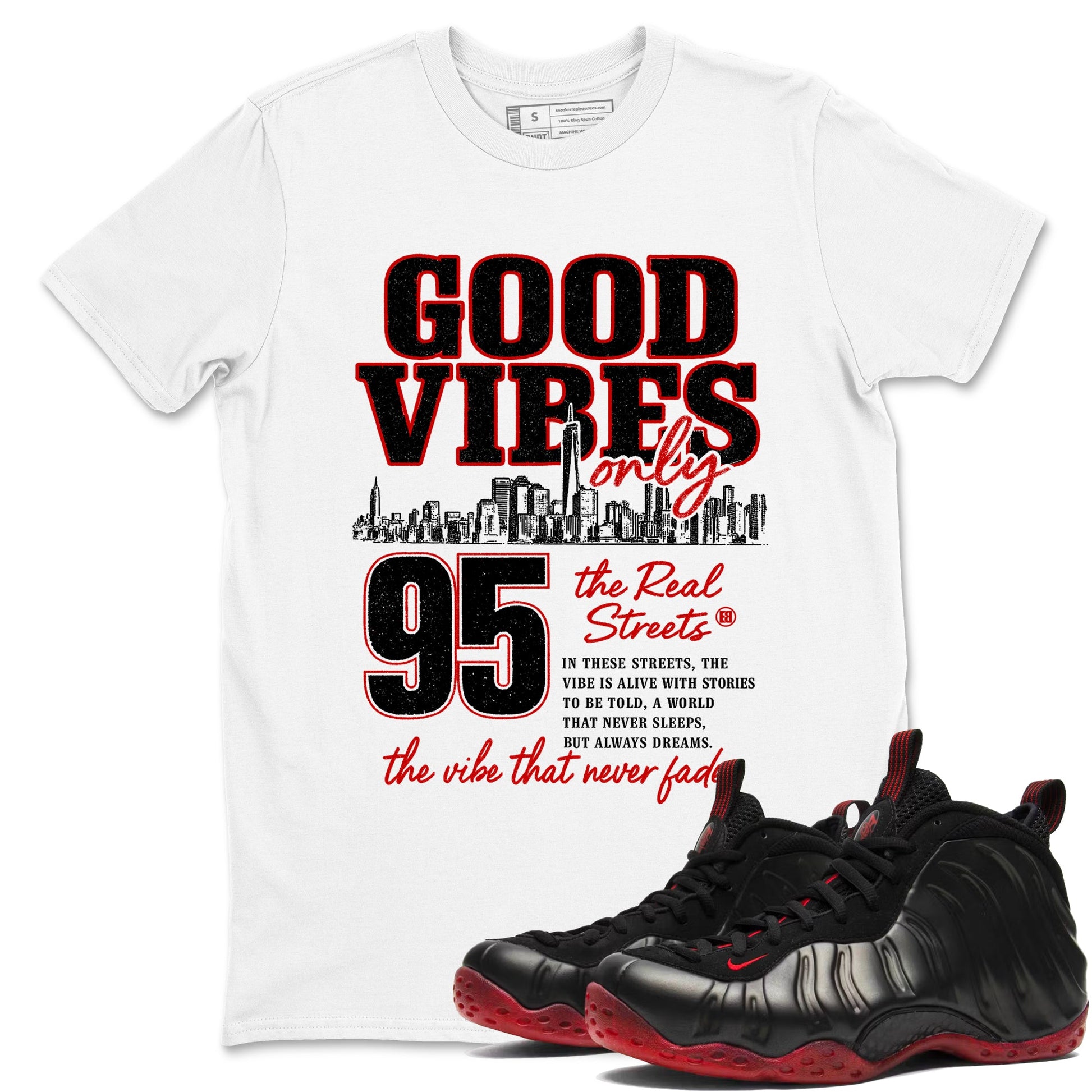 Sneaker match tees – Sneaker Tees To Match Air Foamposite Cough Drop Shoes – Good Vibes Only Tee White 1