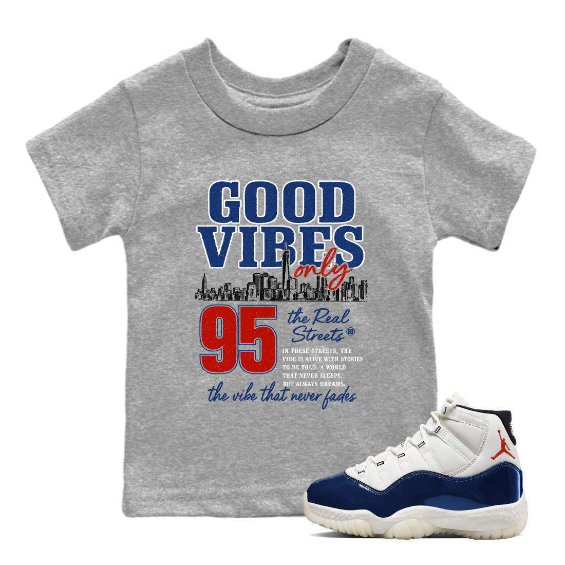 Sneaker match tees – Sneaker Tees To Match Air Jordan 11 Rare Air Shoes – Good Vibes Only Kids T-Shirt Heather Grey 1