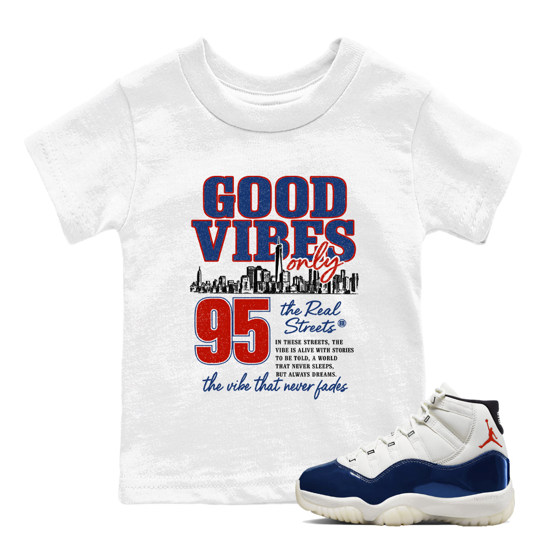 Sneaker match tees – Sneaker Tees To Match Air Jordan 11 Rare Air Shoes – Good Vibes Only Kids T-Shirt White 1