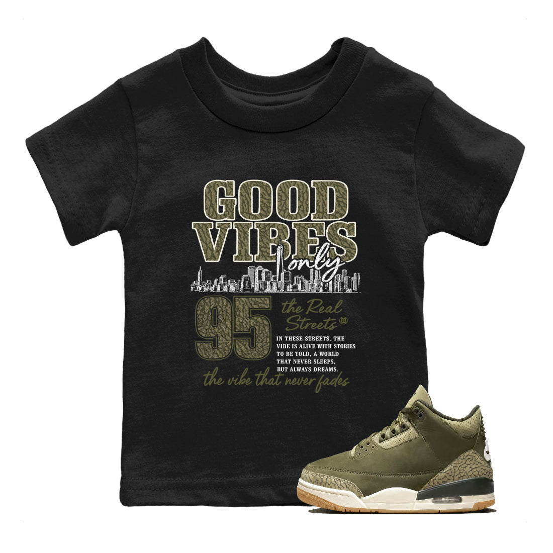 Sneaker Threads – Sneaker Threads To Match Air Jordan 3 Family Affair Shoes – Good Vibes Only Kids T-Shirt Black 1