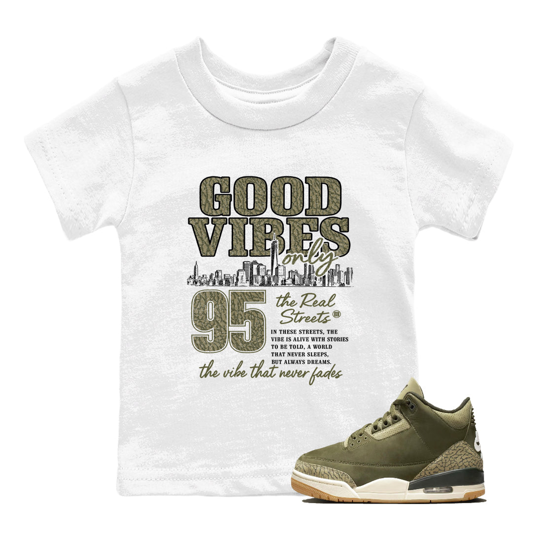Sneaker Threads – Sneaker Threads To Match Air Jordan 3 Family Affair Shoes – Good Vibes Only Kids T-Shirt White 1