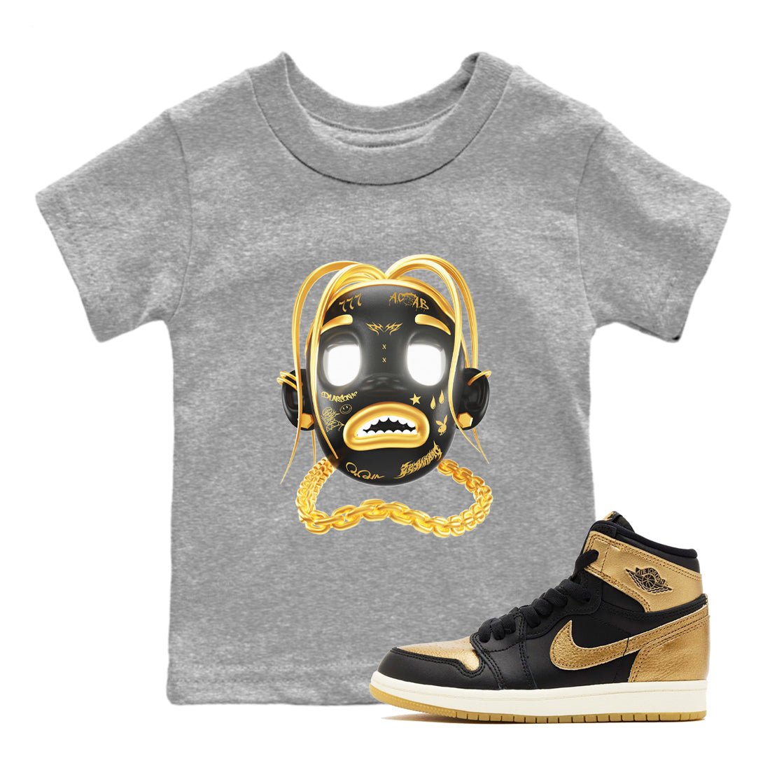 1s Black Metallic Gold shirts to match jordans Goosebumps Boy sneaker match tees Air Jordan 1 Black Metallic Gold SNRT Sneaker Tees streetwear brand Baby and Youth Heather Grey 1 cotton tee