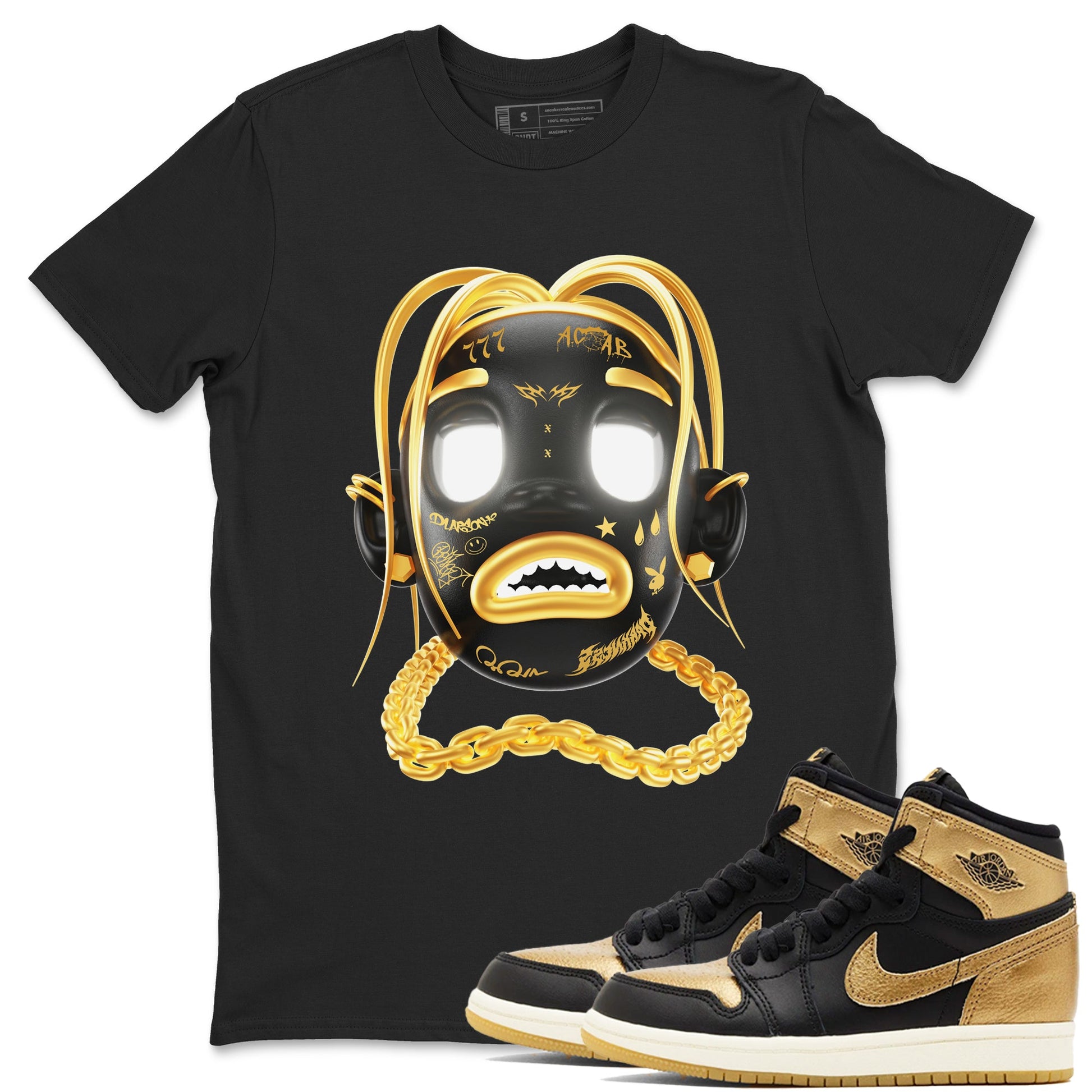 1s Black Metallic Gold shirts to match jordans Goosebumps Boy sneaker match tees Air Jordan 1 Black Metallic Gold SNRT Sneaker Tees streetwear brand Black 1 unisex cotton tee