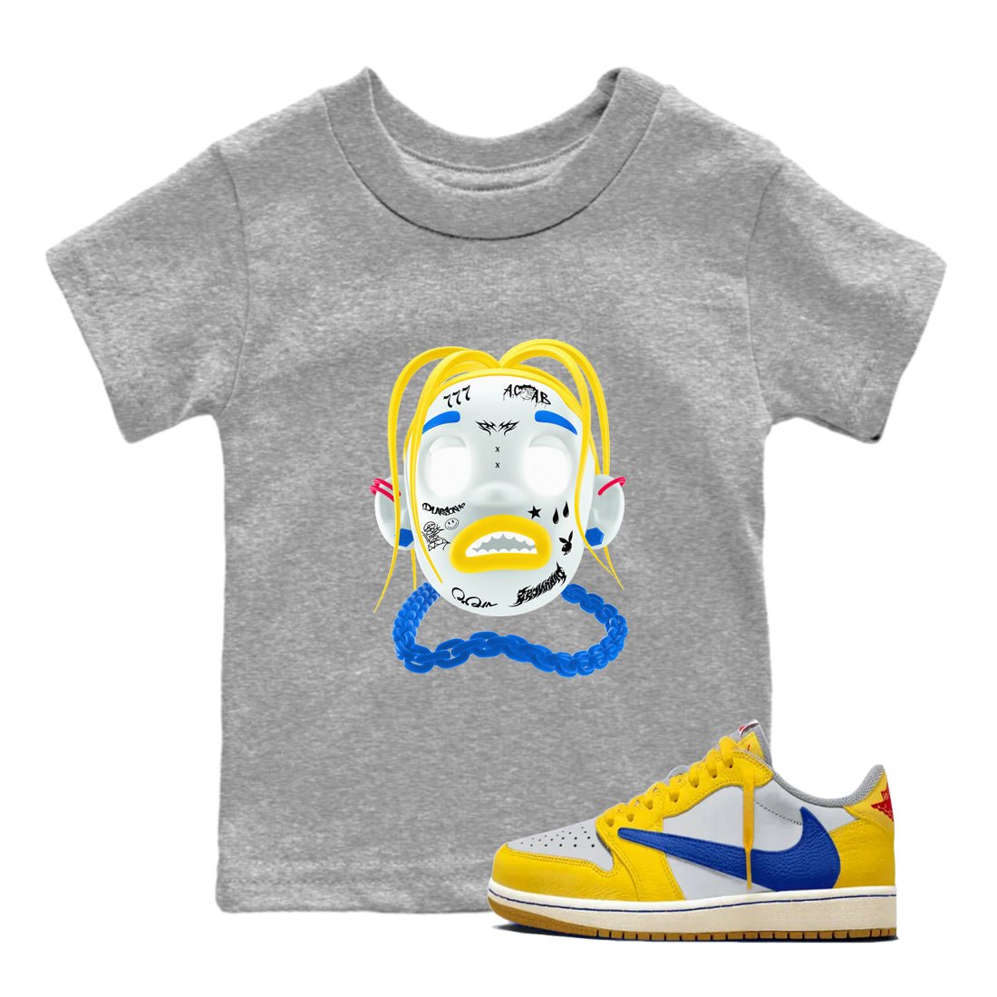 1s Travis Scott Canary shirt to match jordans Goosebumps Boy sneaker tees Air Jordan 1 Travis Scott Canary SNRT sneaker release tees baby toddler Heather Grey 1 cotton Shirt