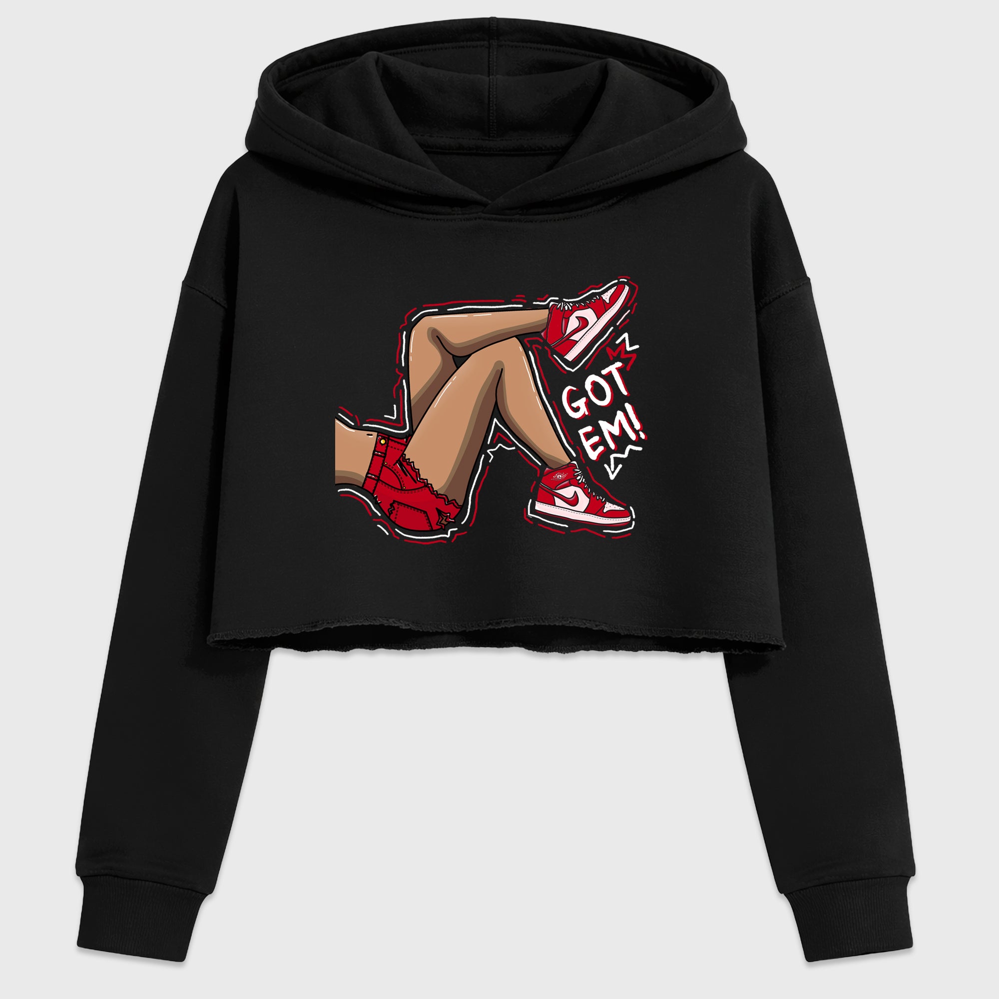 Got Em Legs Women’s Graphic Crop Tee featuring original streetwear artwork designed to match the Air Jordan 1 Nails and Grails. Black 2 Crop Tee.
