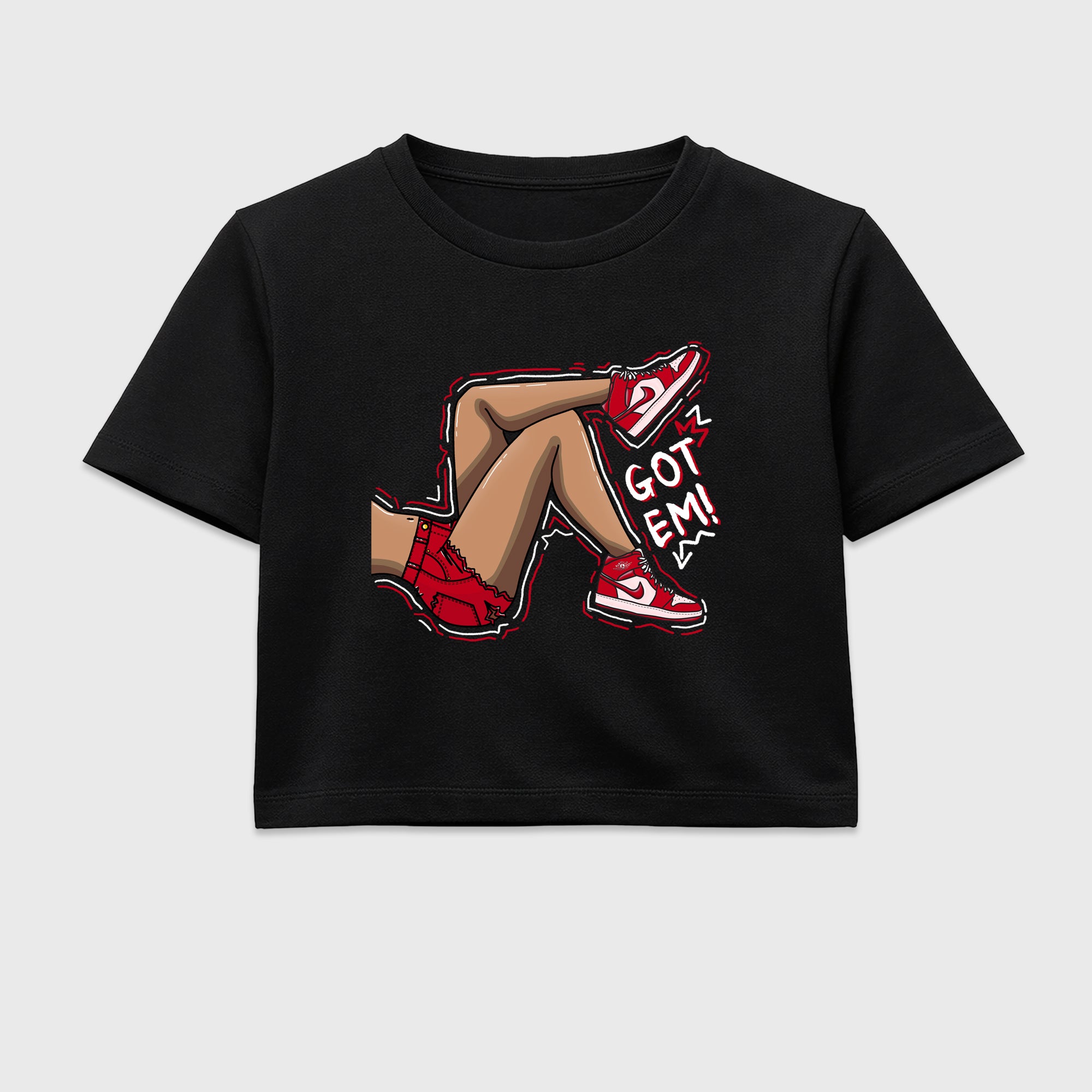 Got Em Legs women’s crop tee designed to match the Air Jordan 1 Nails and Grails, featuring coordinated Black 2 options for a perfect streetwear vibe.