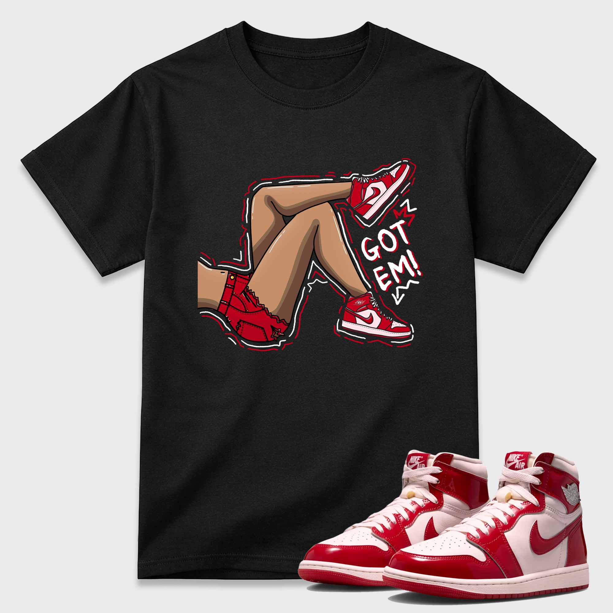 Got Em Legs Graphic T-Shirt featuring original streetwear artwork designed to match the Air Jordan 1 Nails and Grails. Black 1 Graphic T-Shirt.