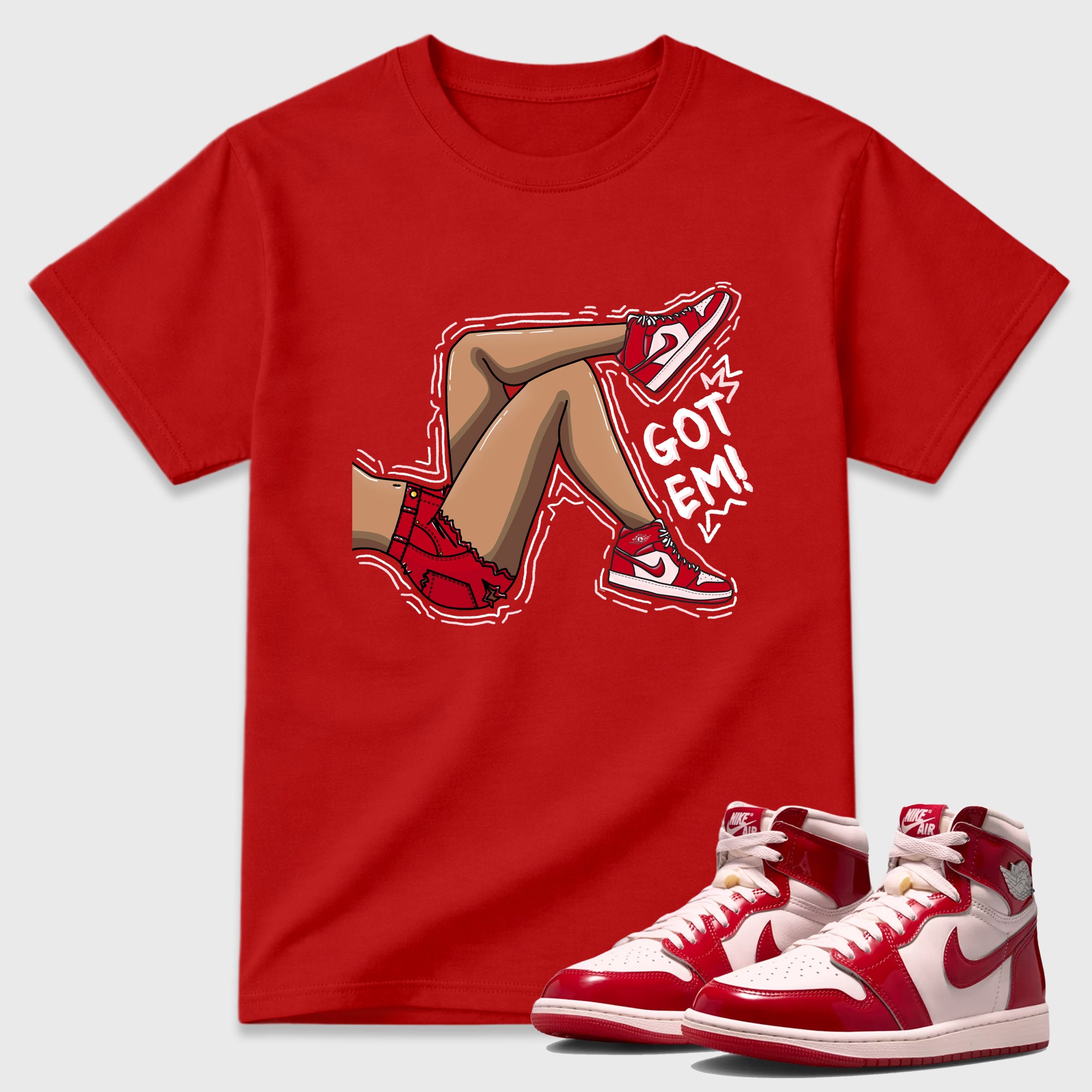 Got Em Legs Graphic T-Shirt featuring original streetwear artwork designed to match the Air Jordan 1 Nails and Grails. Red 1 Graphic T-Shirt.