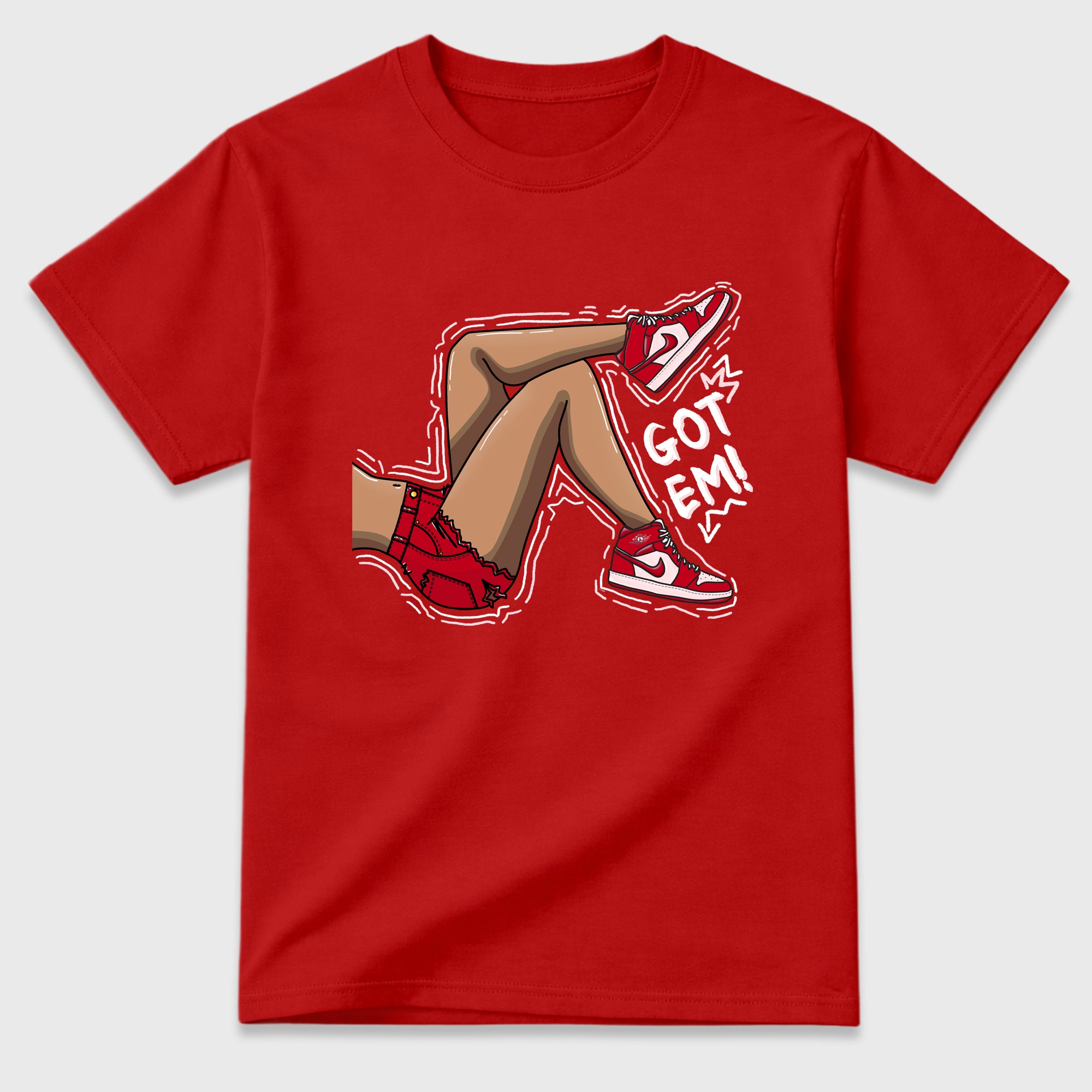 Got Em Legs Graphic T-Shirt featuring original streetwear artwork designed to match the Air Jordan 1 Nails and Grails. Red 2 Graphic T-Shirt.