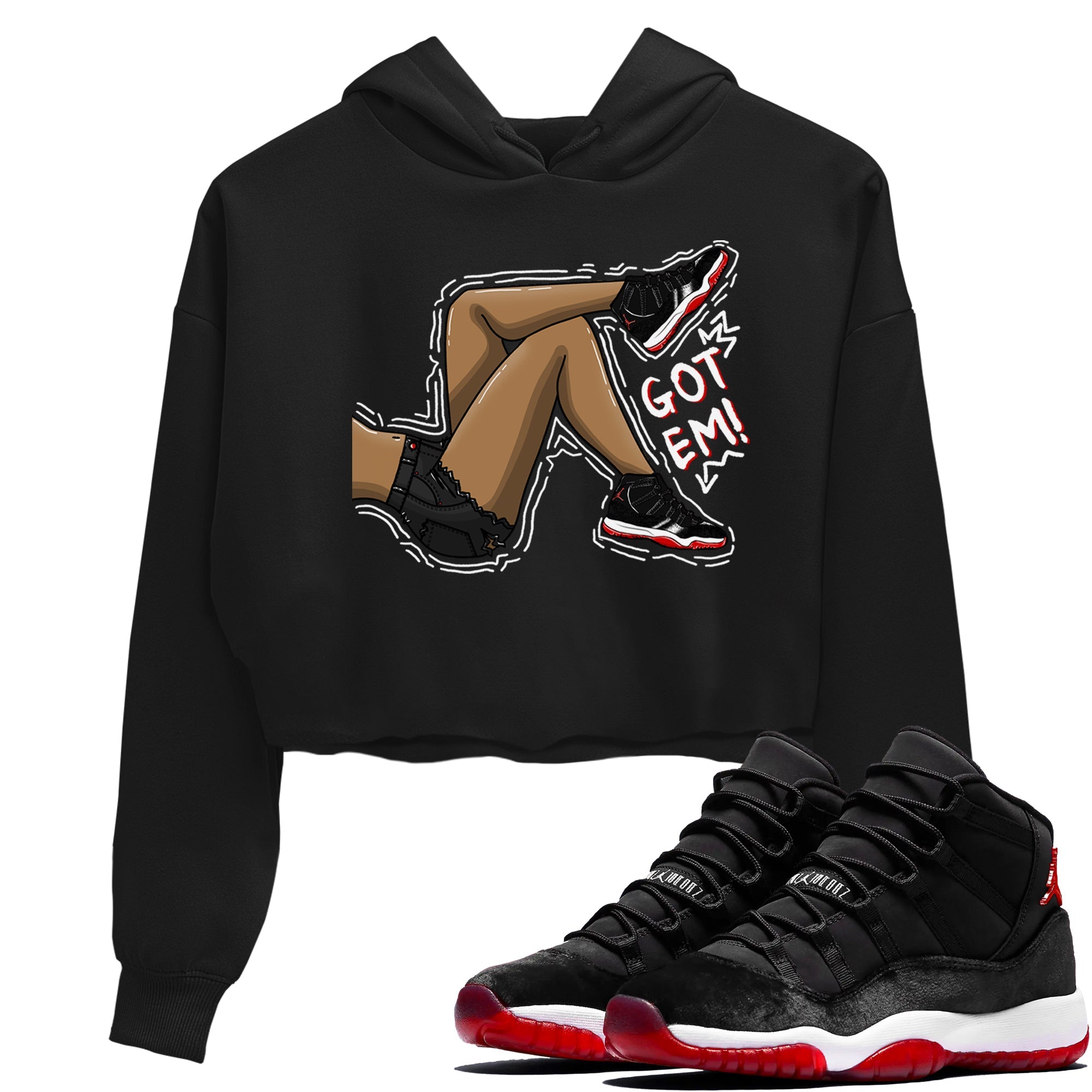 11s Bred Velvet shirts to match jordans Got Em Legs sneaker match tees Air Jordan 11 Bred Velvet match shoes to clothes SNRT Sneaker Tees unisex cotton Black 1 crop tee