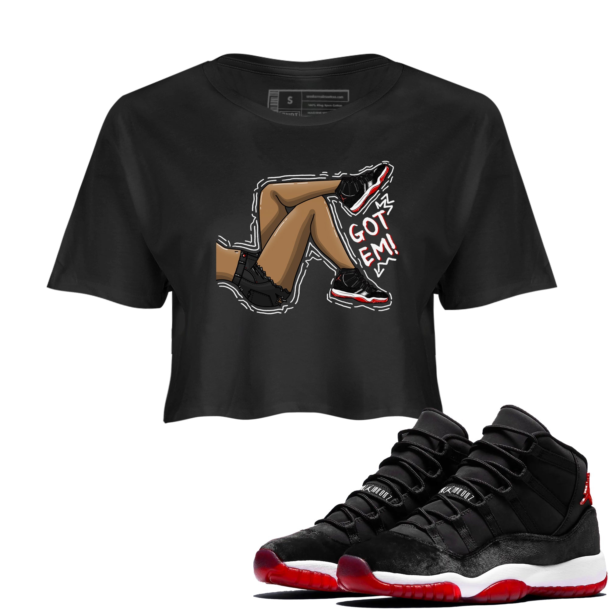 11s Bred Velvet shirts to match jordans Got Em Legs sneaker match tees Air Jordan 11 Bred Velvet match shoes to clothes SNRT Sneaker Tees unisex cotton Black 1 crop tee