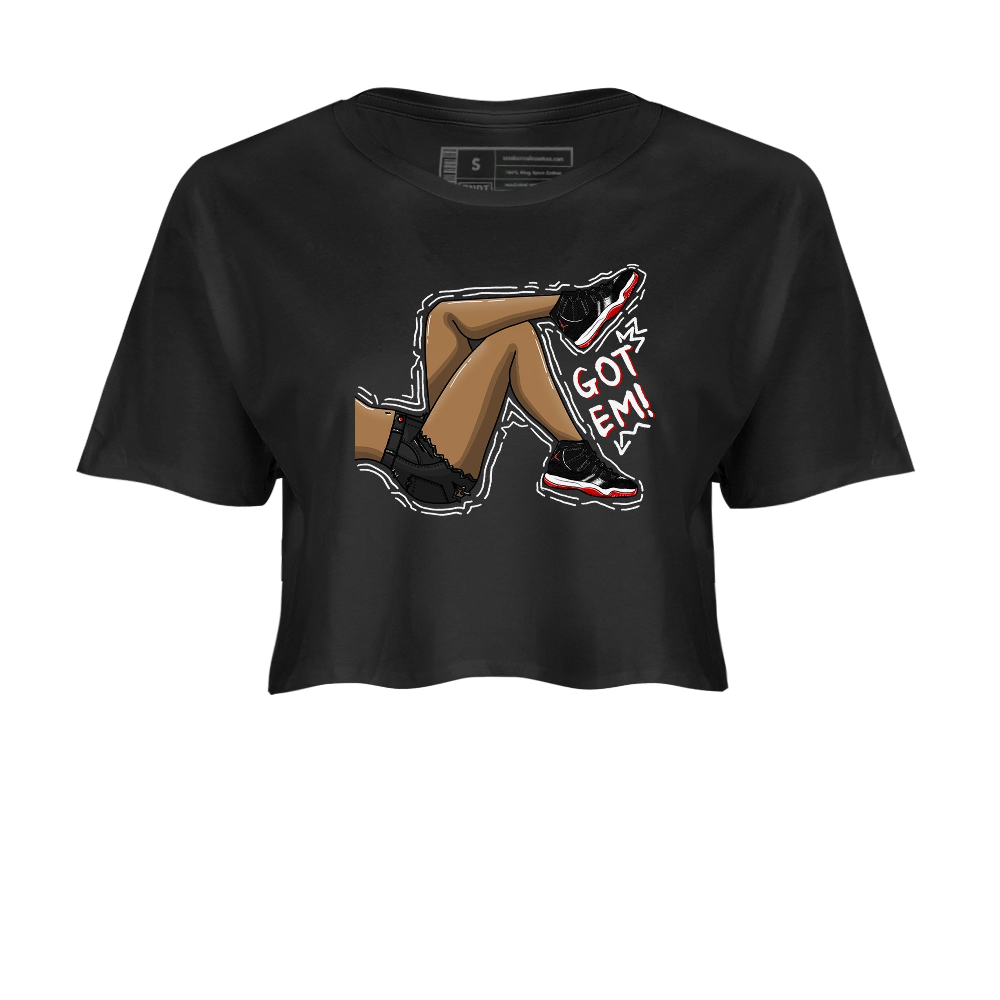 11s Bred Velvet shirts to match jordans Got Em Legs sneaker match tees Air Jordan 11 Bred Velvet match shoes to clothes SNRT Sneaker Tees unisex cotton Black 2 crop tee