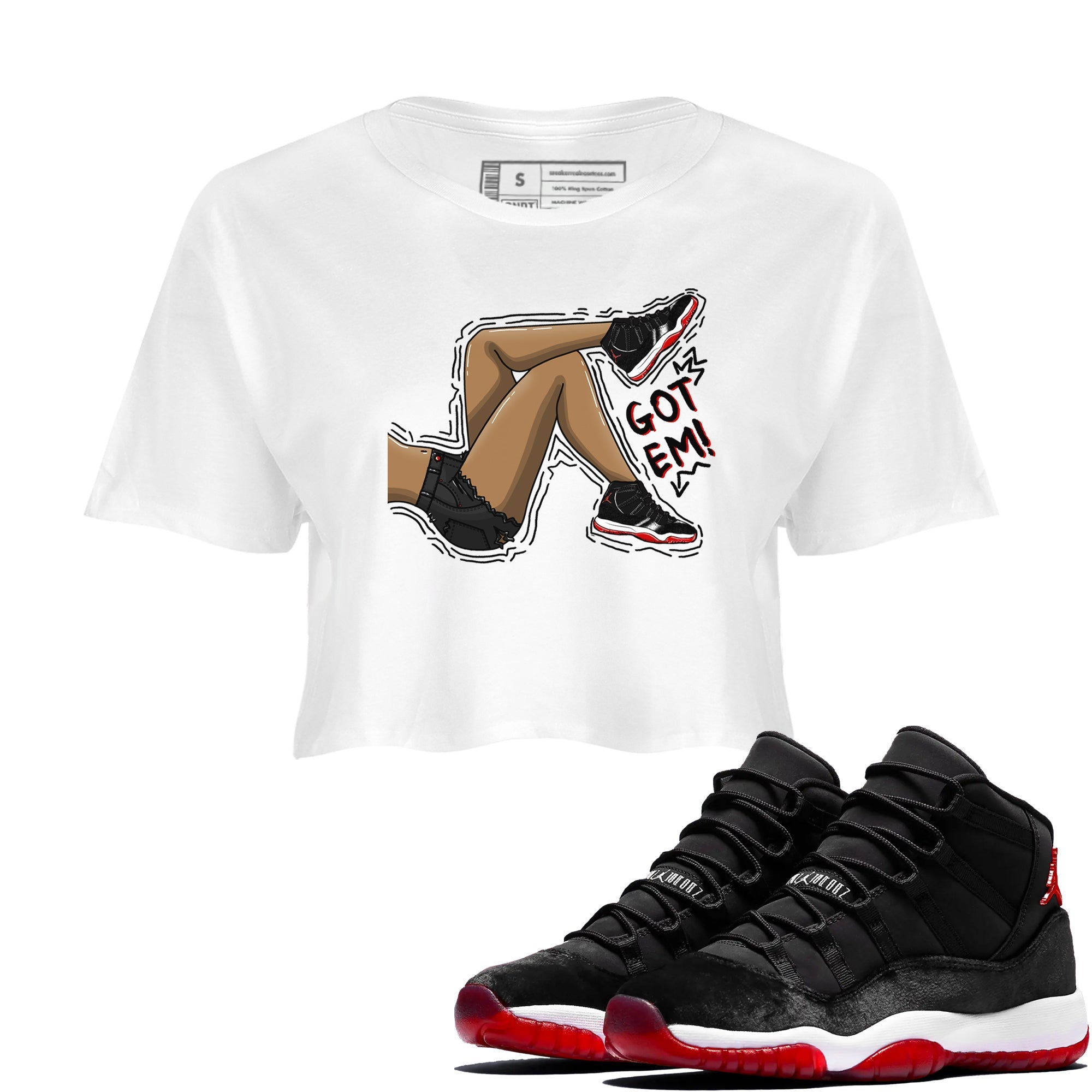 11s Bred Velvet shirts to match jordans Got Em Legs sneaker match tees Air Jordan 11 Bred Velvet match shoes to clothes SNRT Sneaker Tees unisex cotton White 1 crop tee