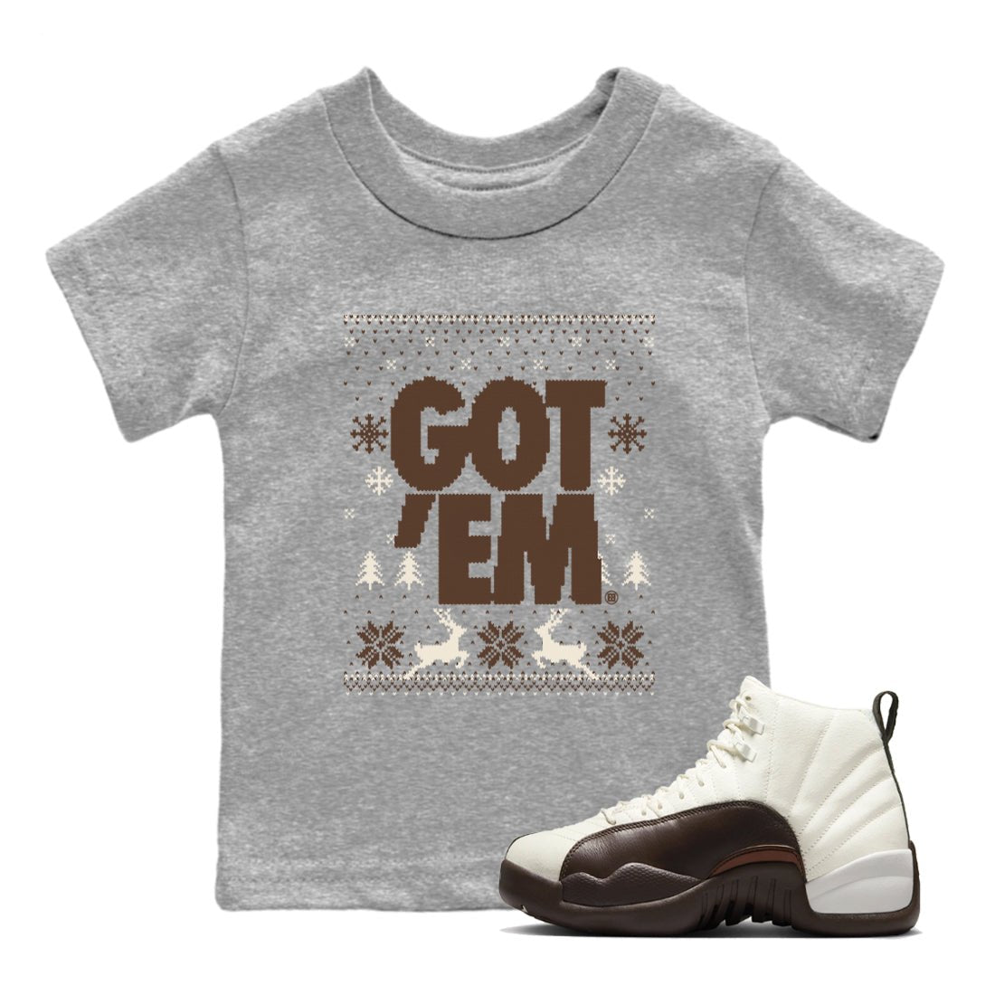AJ12 Baroque Brown shirts to match jordans Got Em Ugly Sweater best t shirts to wear with jordans SoleFly x Jordan 12 Baroque Brown match shoes to clothes SNRT Sneaker Tees Youth Baby Heather Grey 1 tee
