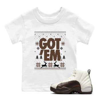 AJ12 Baroque Brown shirts to match jordans Got Em Ugly Sweater best t shirts to wear with jordans SoleFly x Jordan 12 Baroque Brown match shoes to clothes SNRT Sneaker Tees Youth Baby White 1 tee