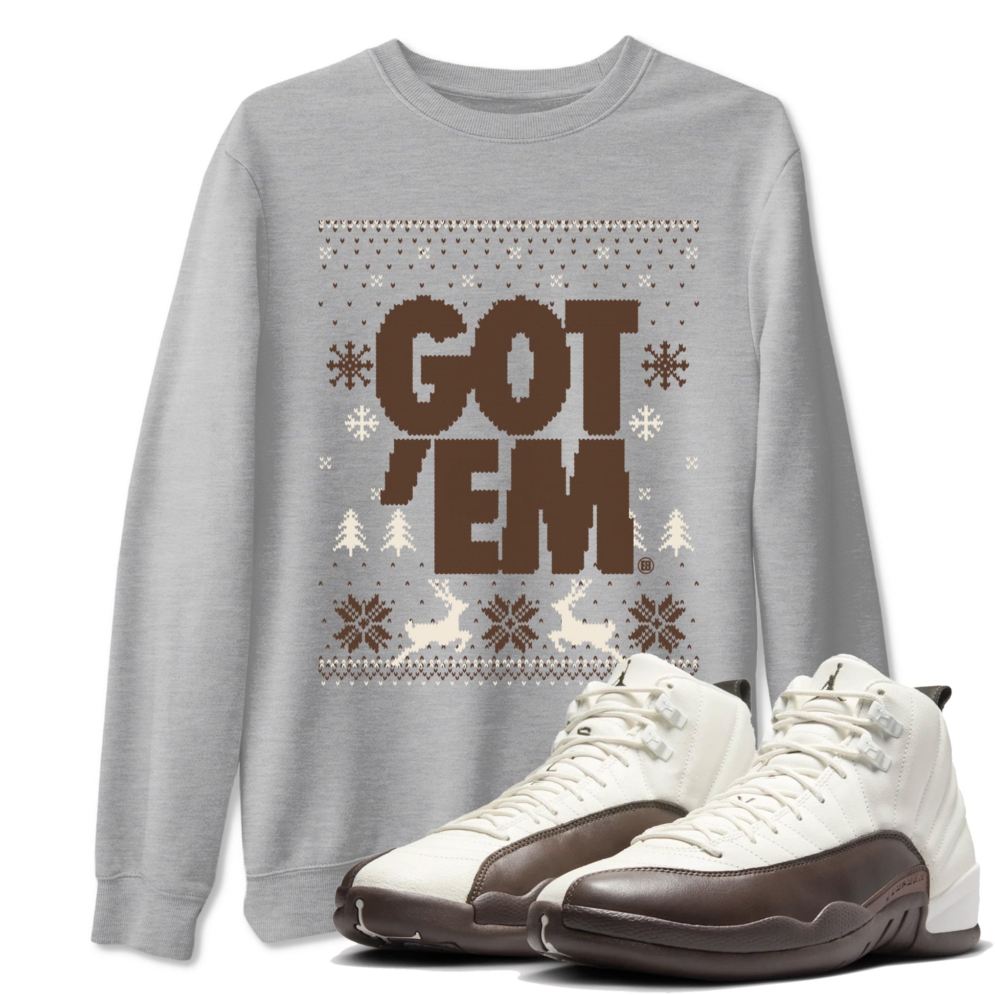 AJ12 Baroque Brown shirts to match jordans Got Em Ugly Sweater best t shirts to wear with jordans SoleFly x Jordan 12 Baroque Brown match shoes to clothes SNRT Sneaker Tees unisex cotton Heather Grey 1 shirts