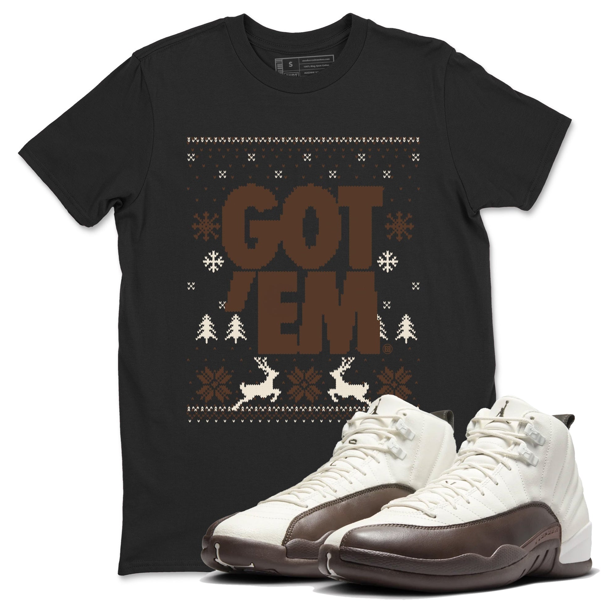 AJ12 Baroque Brown shirts to match jordans Got Em Ugly Sweater best t shirts to wear with jordans SoleFly x Jordan 12 Baroque Brown match shoes to clothes SNRT Sneaker Tees unisex cotton Black 1 shirts