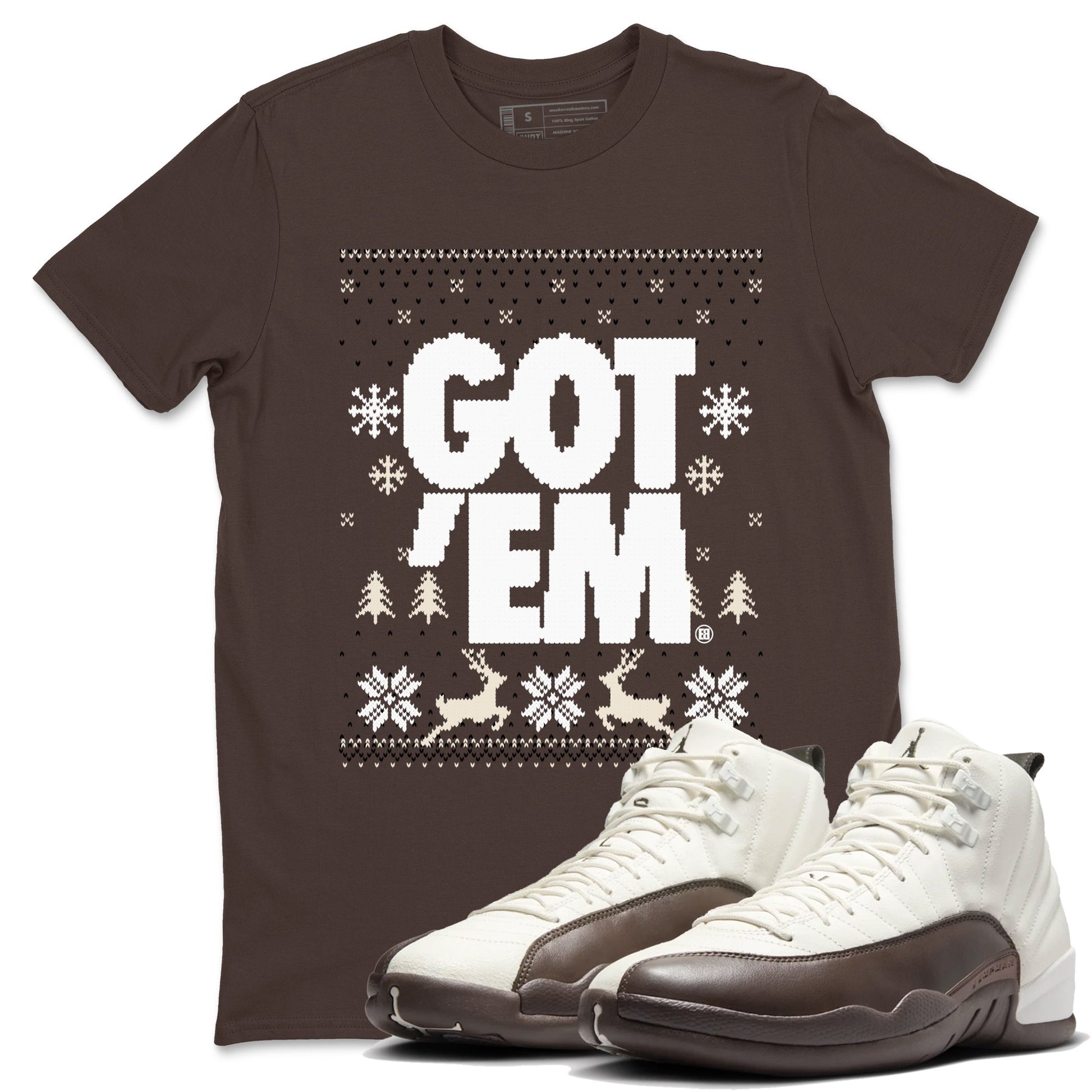 AJ12 Baroque Brown shirts to match jordans Got Em Ugly Sweater best t shirts to wear with jordans SoleFly x Jordan 12 Baroque Brown match shoes to clothes SNRT Sneaker Tees unisex cotton Dark Chocolate 1 shirts