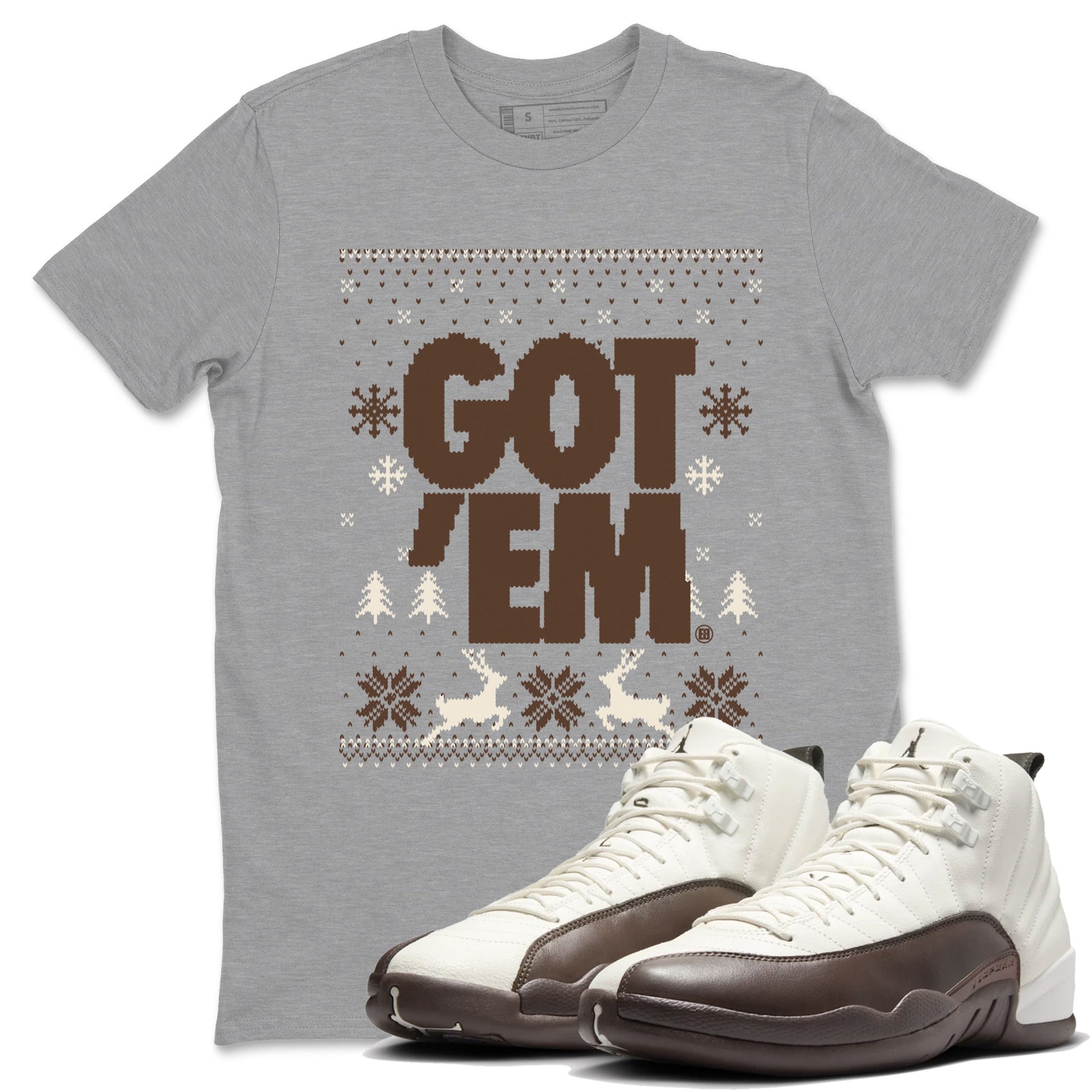 AJ12 Baroque Brown shirts to match jordans Got Em Ugly Sweater best t shirts to wear with jordans SoleFly x Jordan 12 Baroque Brown match shoes to clothes SNRT Sneaker Tees unisex cotton Heather Grey 1 shirts