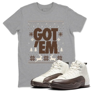 AJ12 Baroque Brown shirts to match jordans Got Em Ugly Sweater best t shirts to wear with jordans SoleFly x Jordan 12 Baroque Brown match shoes to clothes SNRT Sneaker Tees unisex cotton Heather Grey 1 shirts