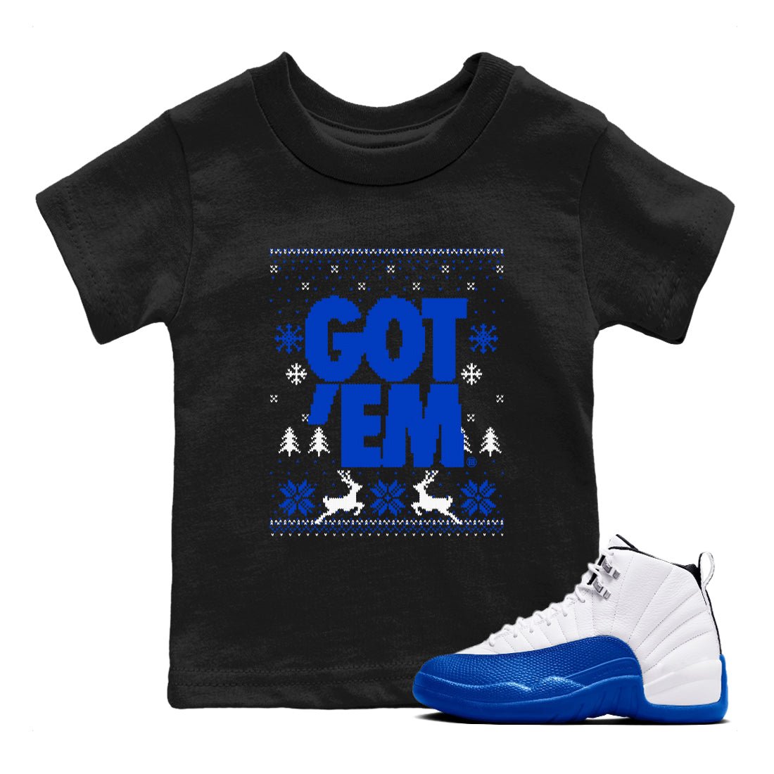Air Jordan 12 Blueberry t-shirts to match sneakers Christmas Holiday Gift Got Em Ugly Sweater sneaker match tees 12s Blueberry match shoes to clothes SNRT Sneaker Tees Youth Baby Black 1 tee