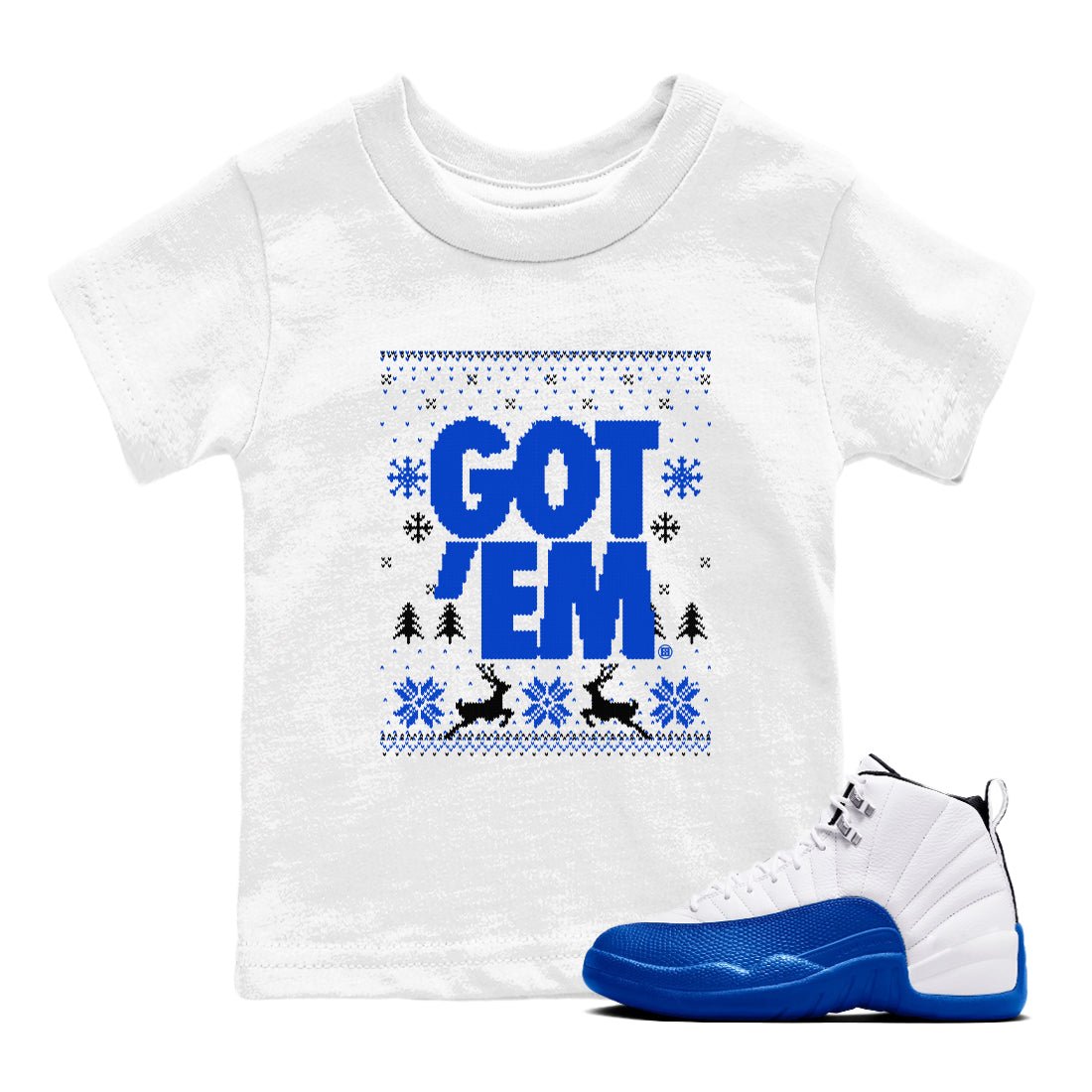 Air Jordan 12 Blueberry t-shirts to match sneakers Christmas Holiday Gift Got Em Ugly Sweater sneaker match tees 12s Blueberry match shoes to clothes SNRT Sneaker Tees Youth Baby White 1 tee