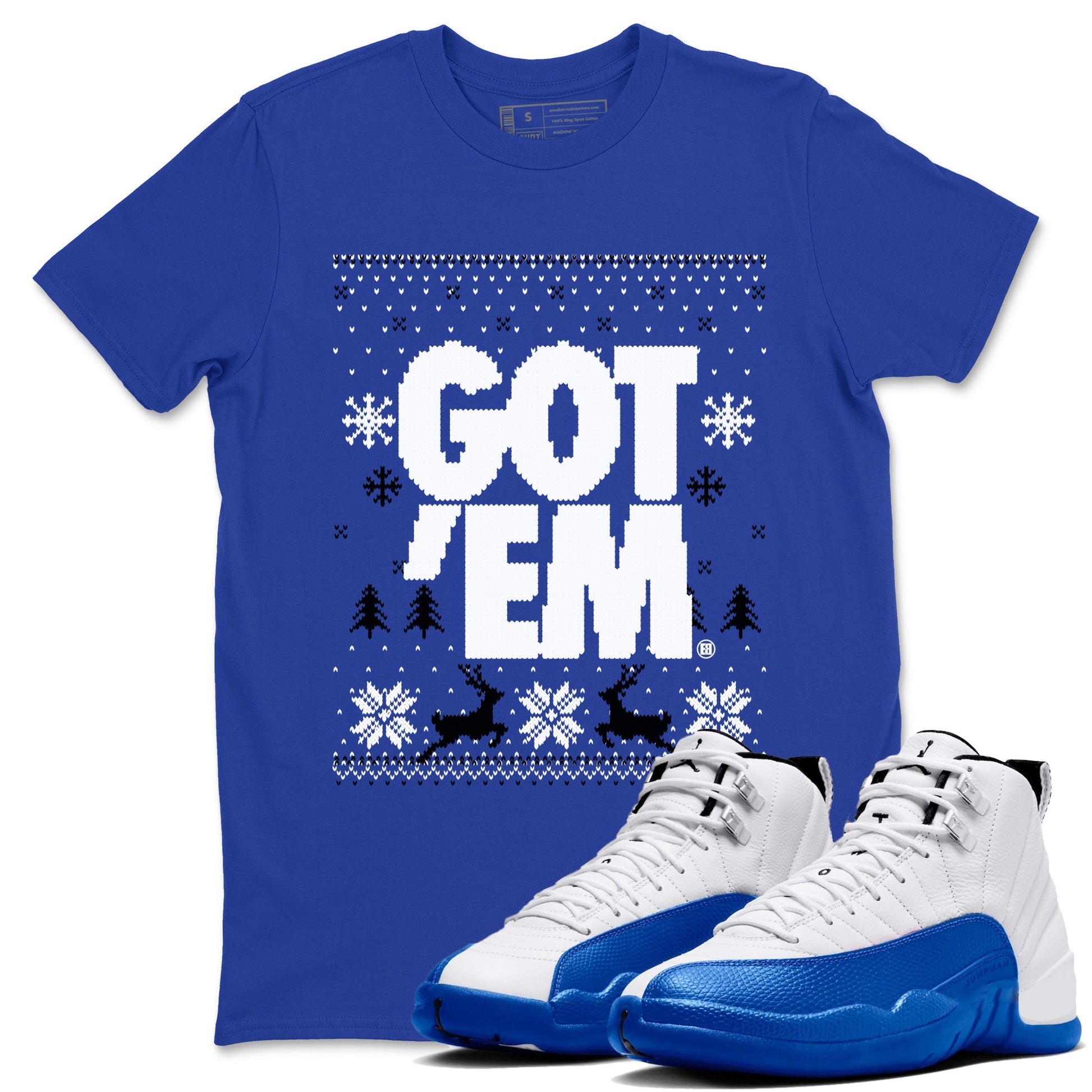 Air Jordan 12 Blueberry t-shirts to match sneakers Christmas Holiday Gift Got Em Ugly Sweater sneaker match tees 12s Blueberry match shoes to clothes SNRT Sneaker Tees unisex cotton Royal Blue 1 shirts