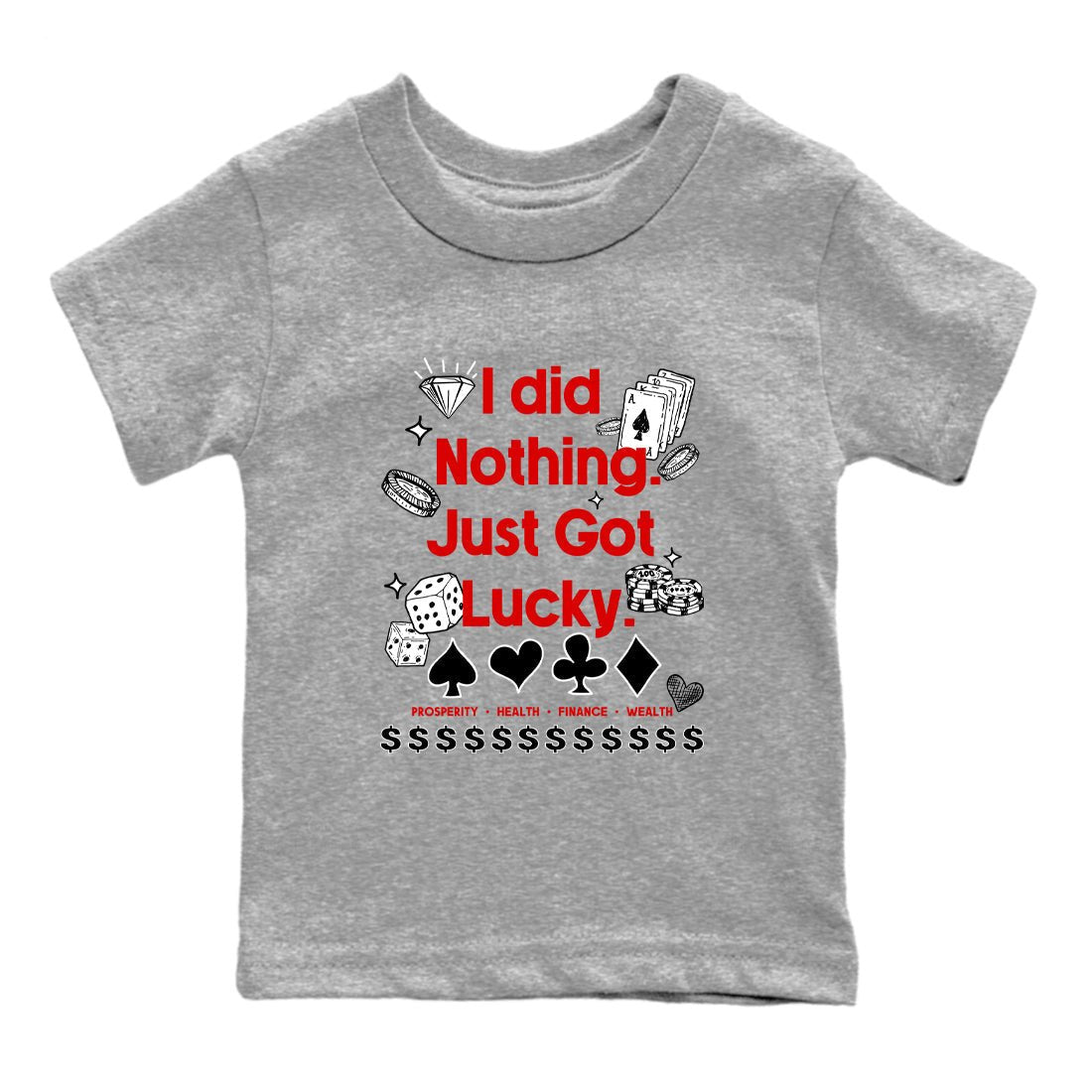 Got Lucky baby and kids t-shirt crafted for little sneakerheads to shine with the Air Force 1 University Red sneakers, displayed in Heather Grey 2.