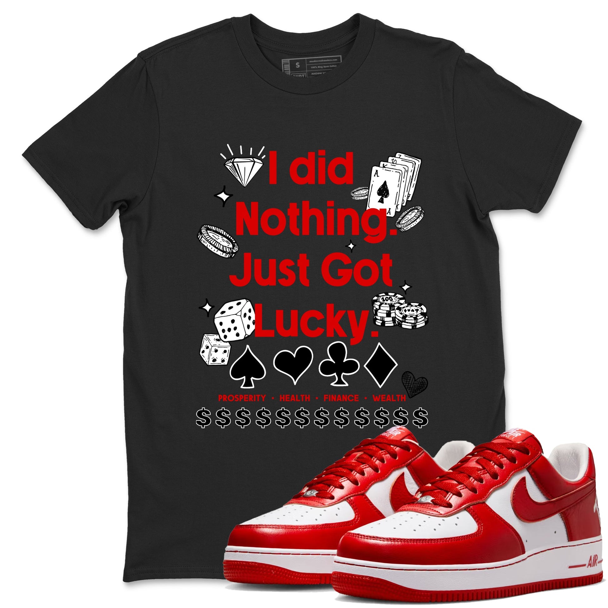 Got Lucky sneaker match t-shirt styled to complete your fit with the Air Force 1 University Red sneakers, shown in Black 1.
