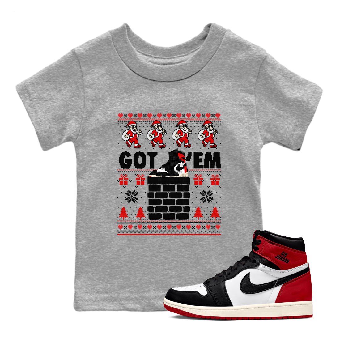 1s Retro High OG Black Toe Reimagined t-shirts to match sneakers Got'em Santa sneaker match tees Air Jordan 1 Black Toe Reimagined match shoes to clothes SNRT Sneaker Tees Youth Baby Heather Grey 1 tee