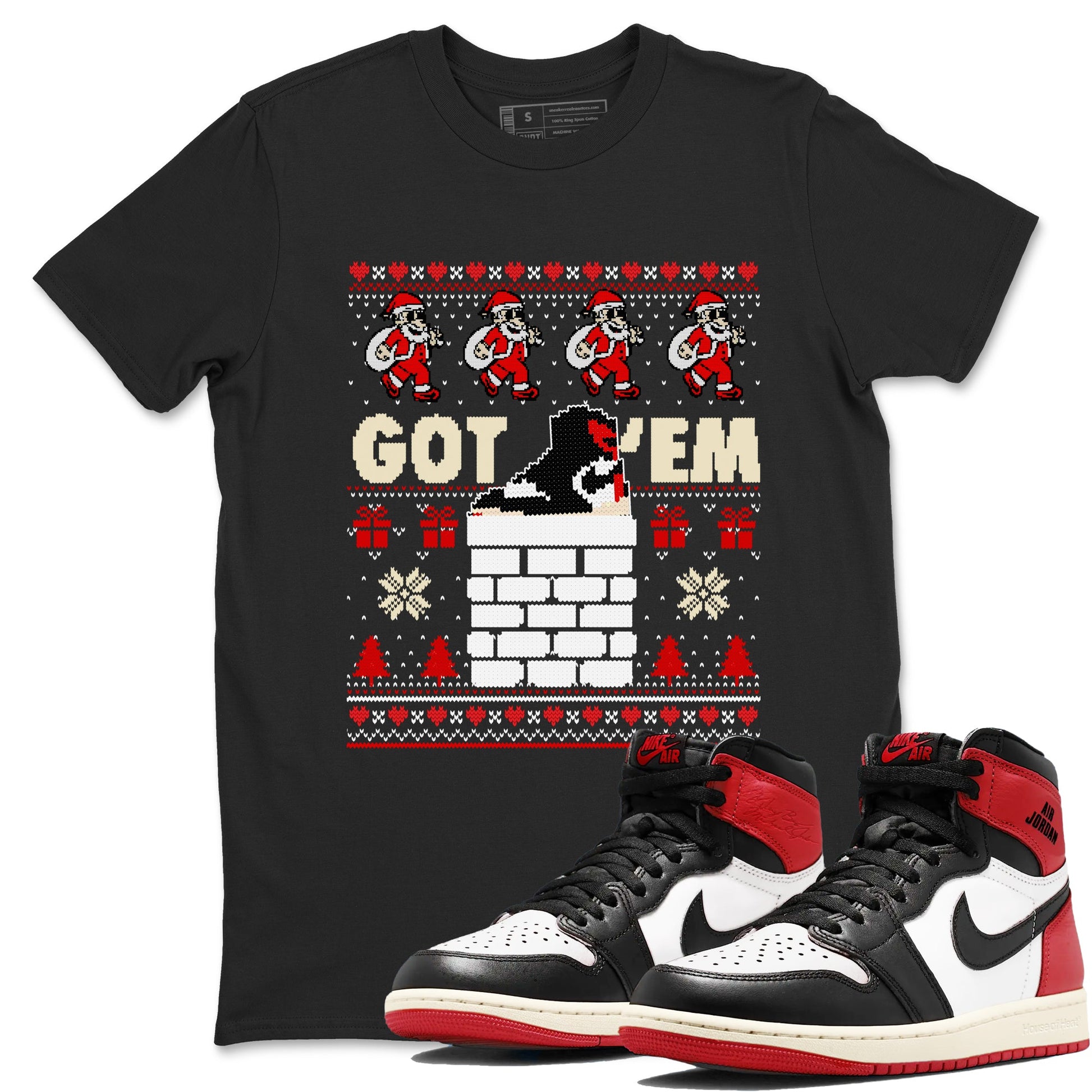 1s Retro High OG Black Toe Reimagined t-shirts to match sneakers Got'em Santa sneaker match tees Air Jordan 1 Black Toe Reimagined match shoes to clothes SNRT Sneaker Tees unisex cotton Black 1 shirts