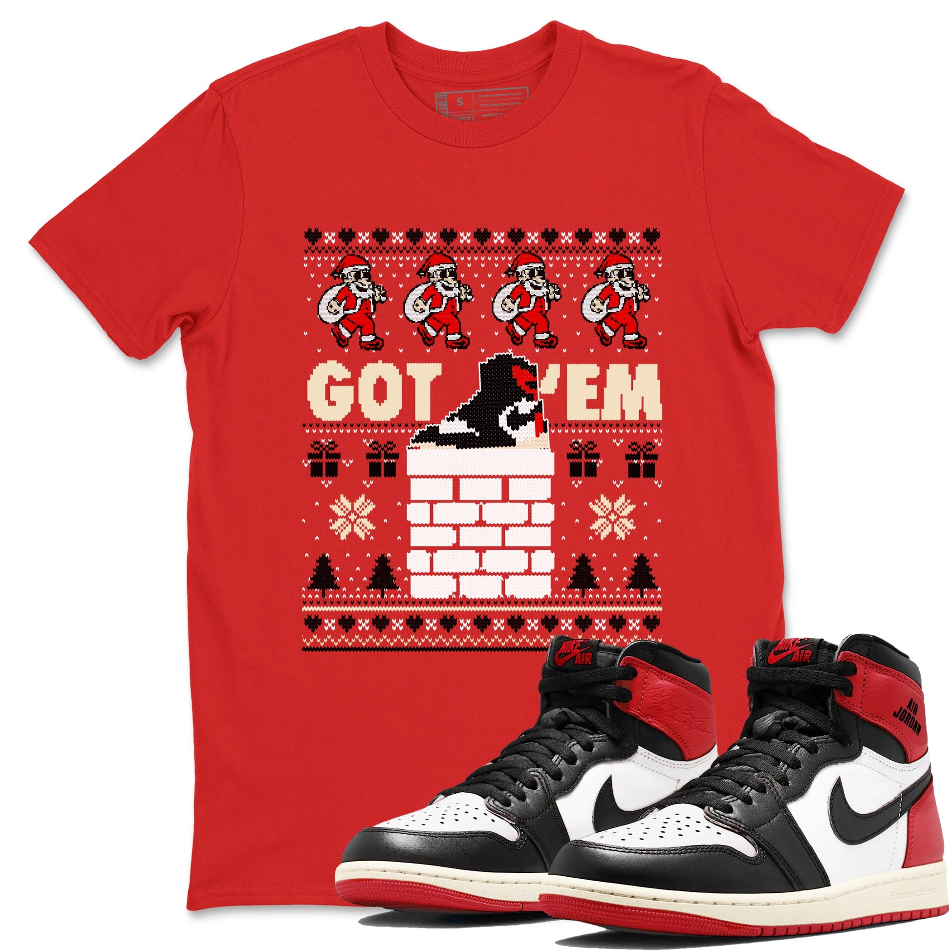 1s Retro High OG Black Toe Reimagined t-shirts to match sneakers Got'em Santa sneaker match tees Air Jordan 1 Black Toe Reimagined match shoes to clothes SNRT Sneaker Tees unisex cotton Red 1 shirts