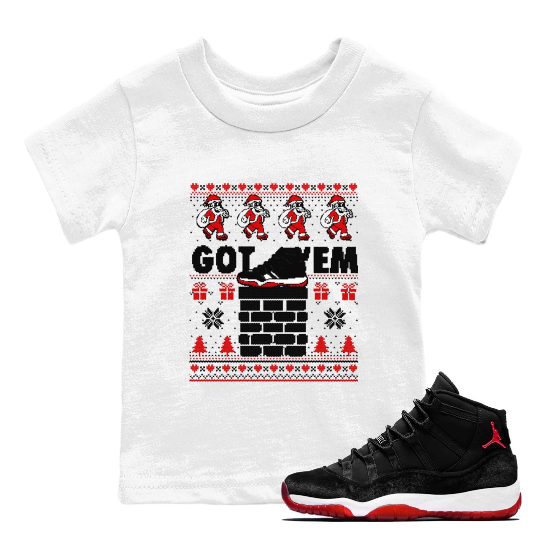 11s Bred Velvet shirts to match jordans Got'em Santa sneaker match tees Air Jordan 11 Bred Velvet match shoes to clothes SNRT Sneaker Tees Youth Baby White 1 tee