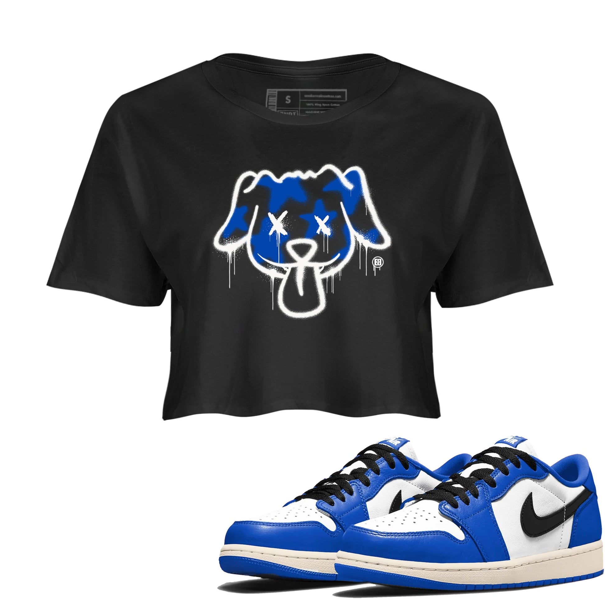 1s Game Royal shirts to match jordans Graffiti Dog sneaker match tees Air Jordan 1 Retro Low OG Game Royal match shoes to clothes SNRT Sneaker Tees unisex cotton Black 1 crop tee
