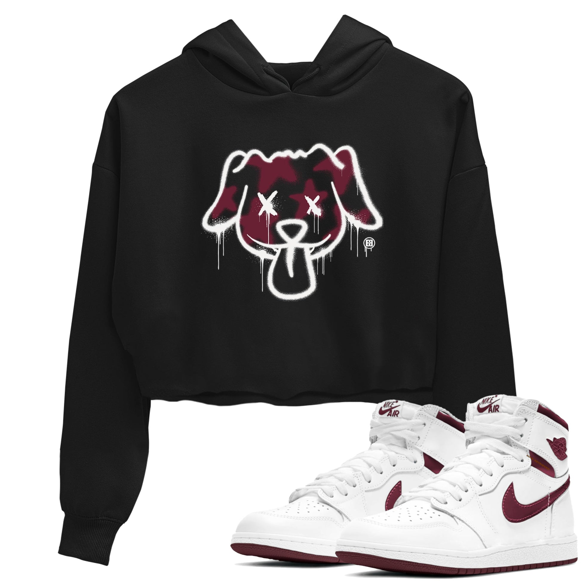 Air Jordan 1 High OG Metallic Burgundy shirts to match jordans Graffiti Dog sneaker match tees Air Jordan 1 Metallic Burgundy SNRT Sneaker Tees streetwear brand Black 1 crop tee